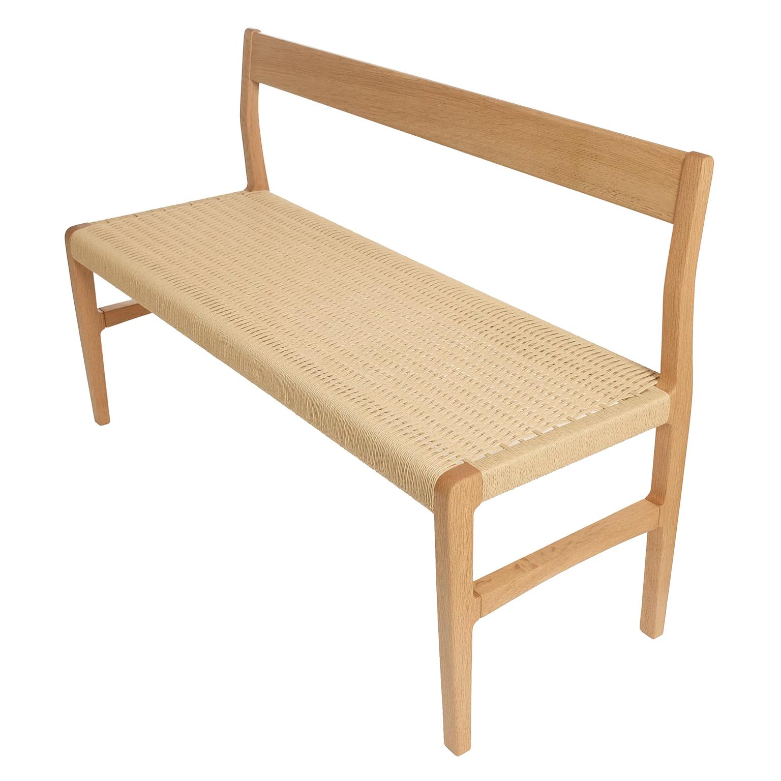 Giacomo Bench with Back, Solid White Oak with Handwoven Danish Cord Seat For Sale