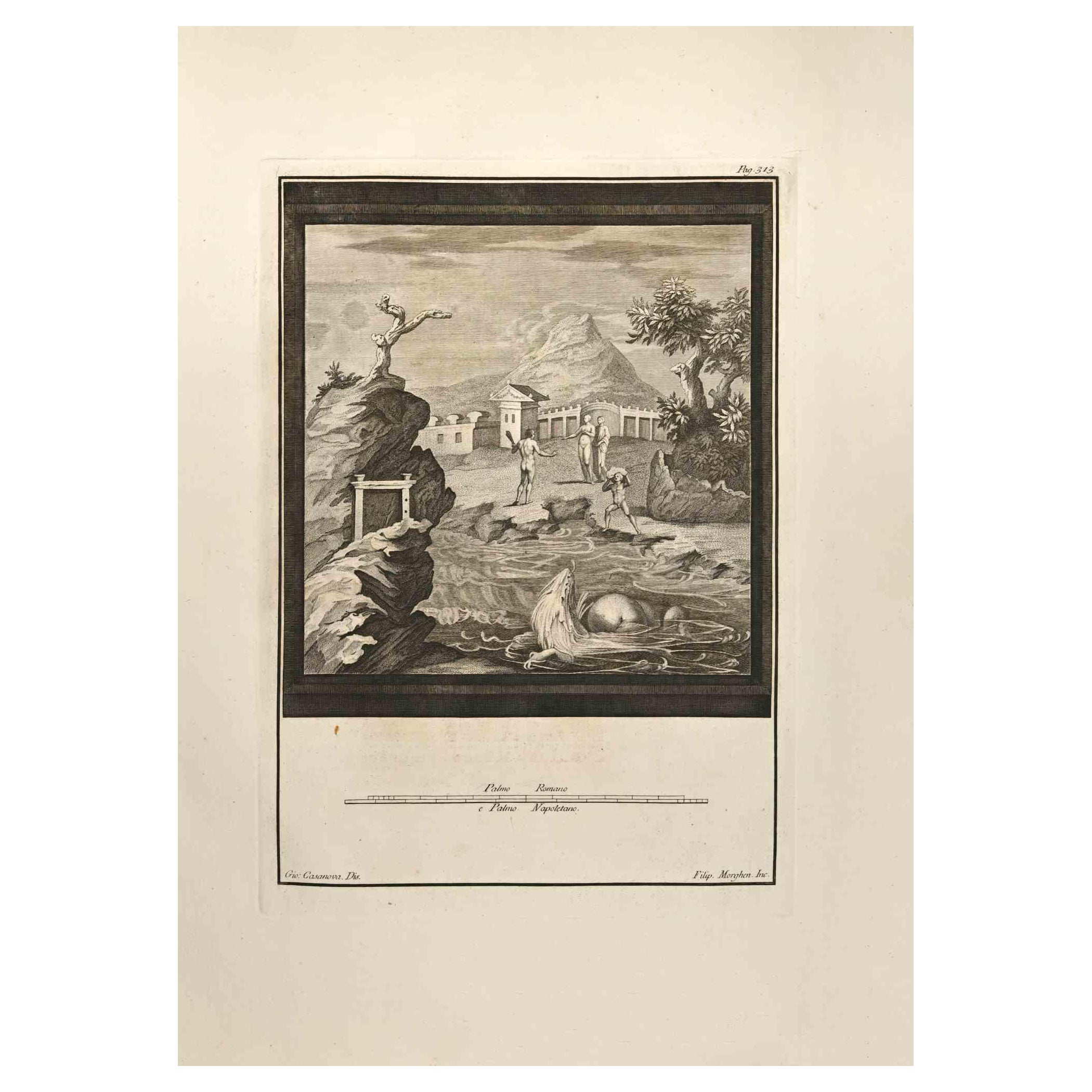 Ancient Roman Scene aus der Serie "Antiquities of Herculaneum", ist eine Radierung auf Papier realisiert von  im 18. Jahrhundert.

Signiert auf der Platte.

Guter Zustand mit einigen Faltungen.

Die Radierung gehört zu der Druckserie "Antiquities of