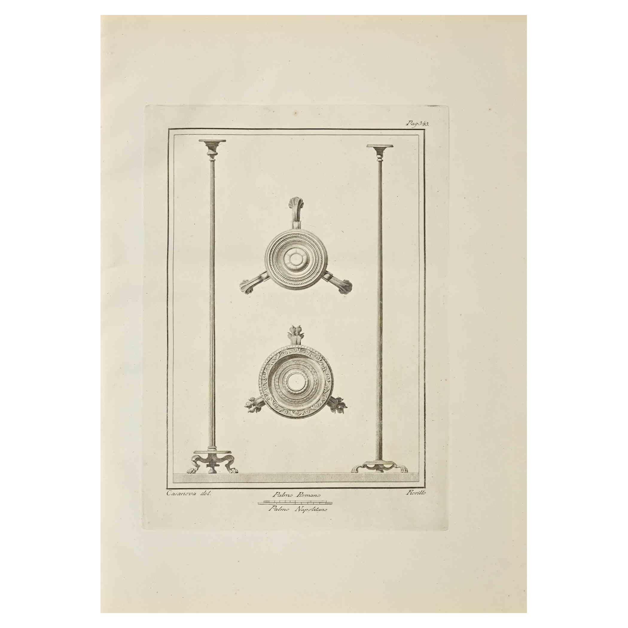 Ancien Herculanum romain Fresco, gravure G. Casanova, 18e siècle