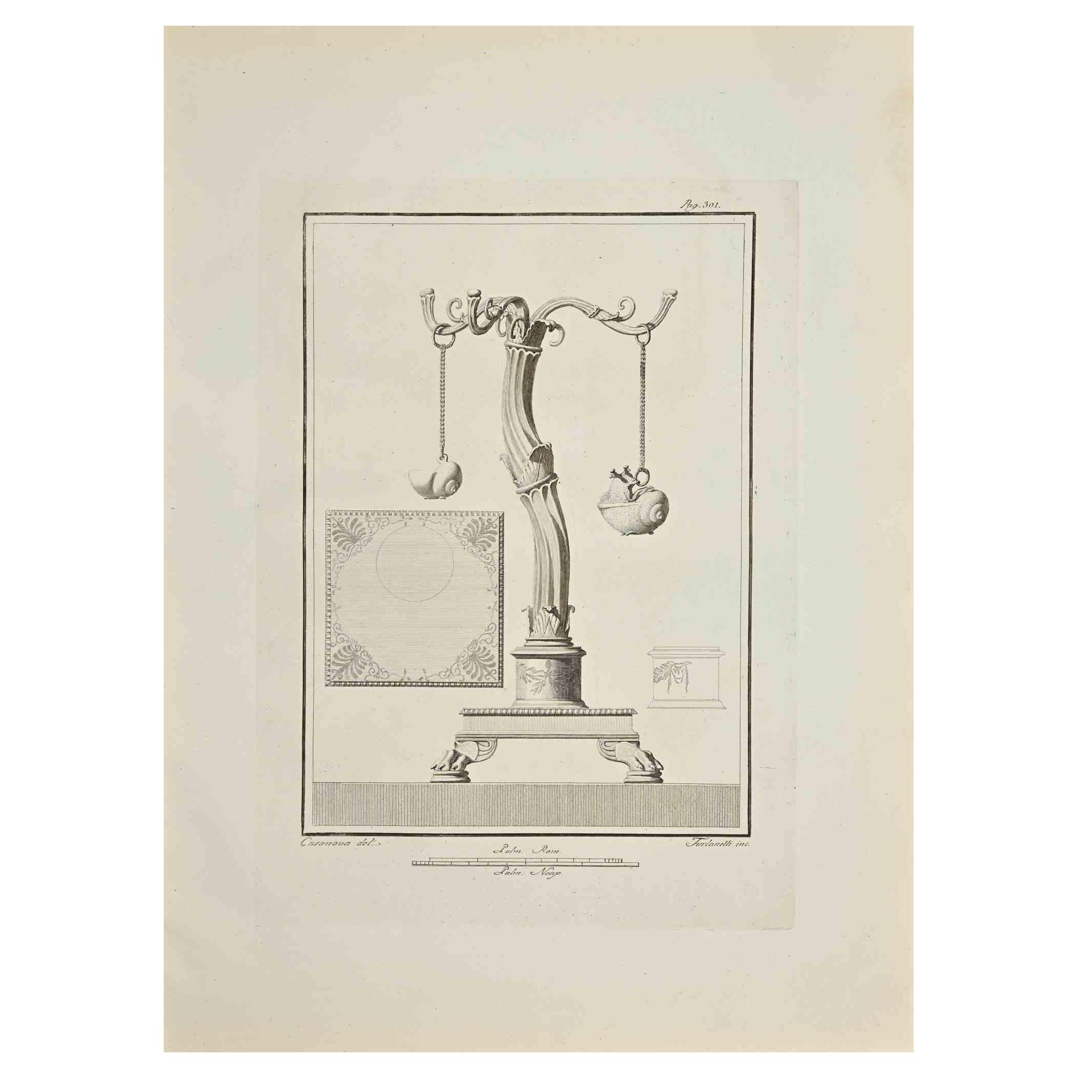 Ancienne gravure romaine Fresco Herculaneum d'origine de G. Casanova  - 18ème siècle