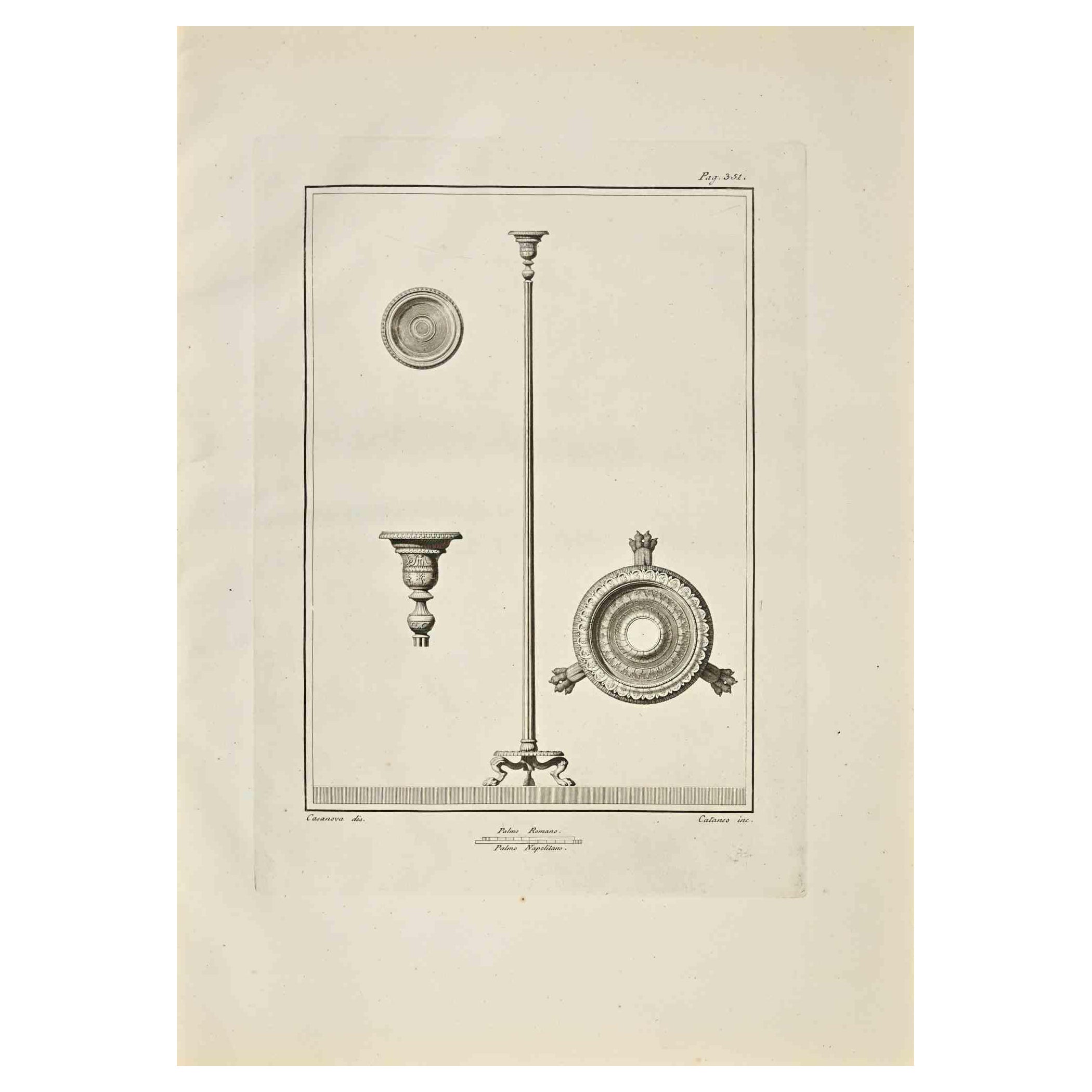 Ancienne gravure romaine Fresco Herculaneum - Eau-forte originale de G. Casanova - 18ème siècle