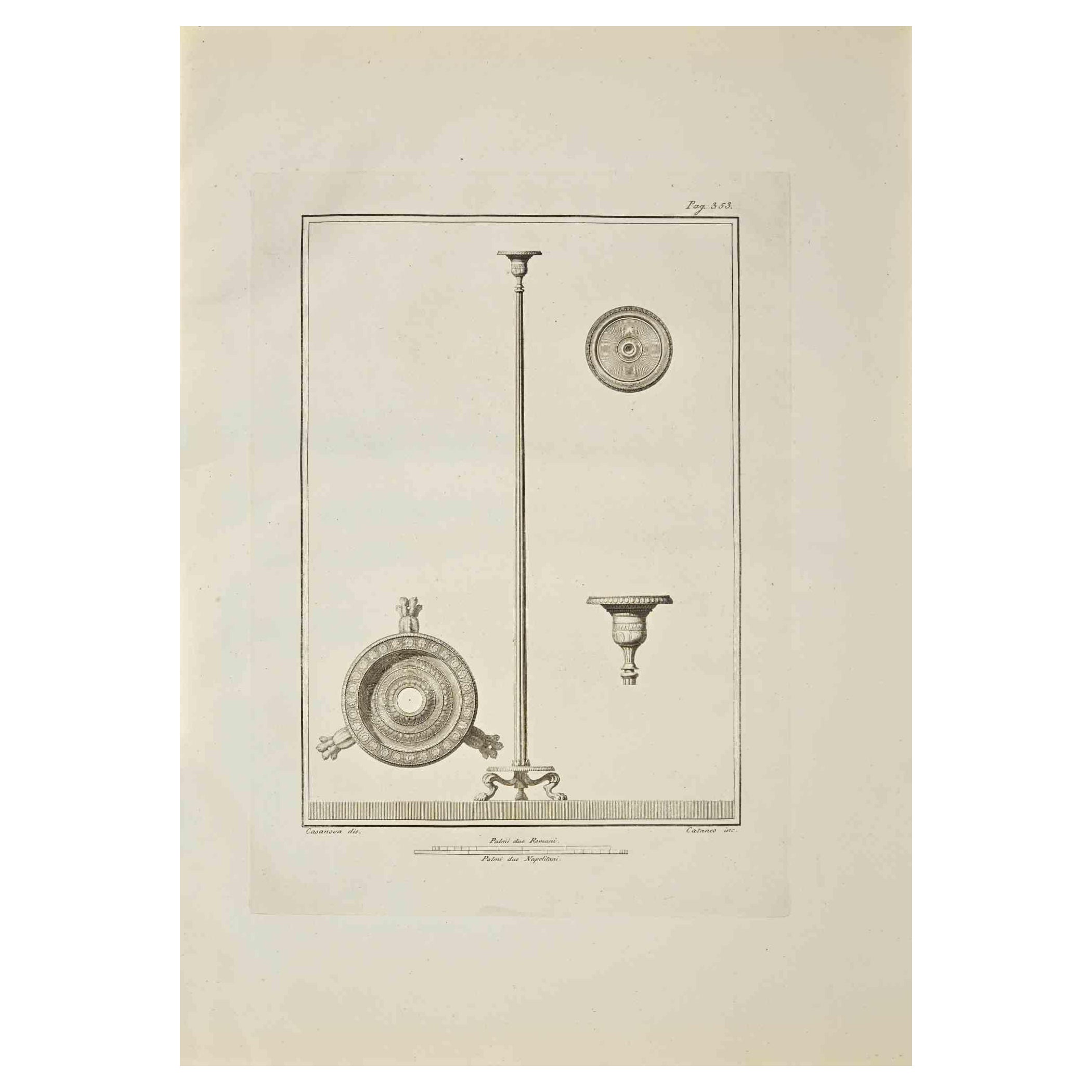 Ancienne gravure romaine Fresco Herculaneum - Eau-forte originale de G. Casanova - 18ème siècle