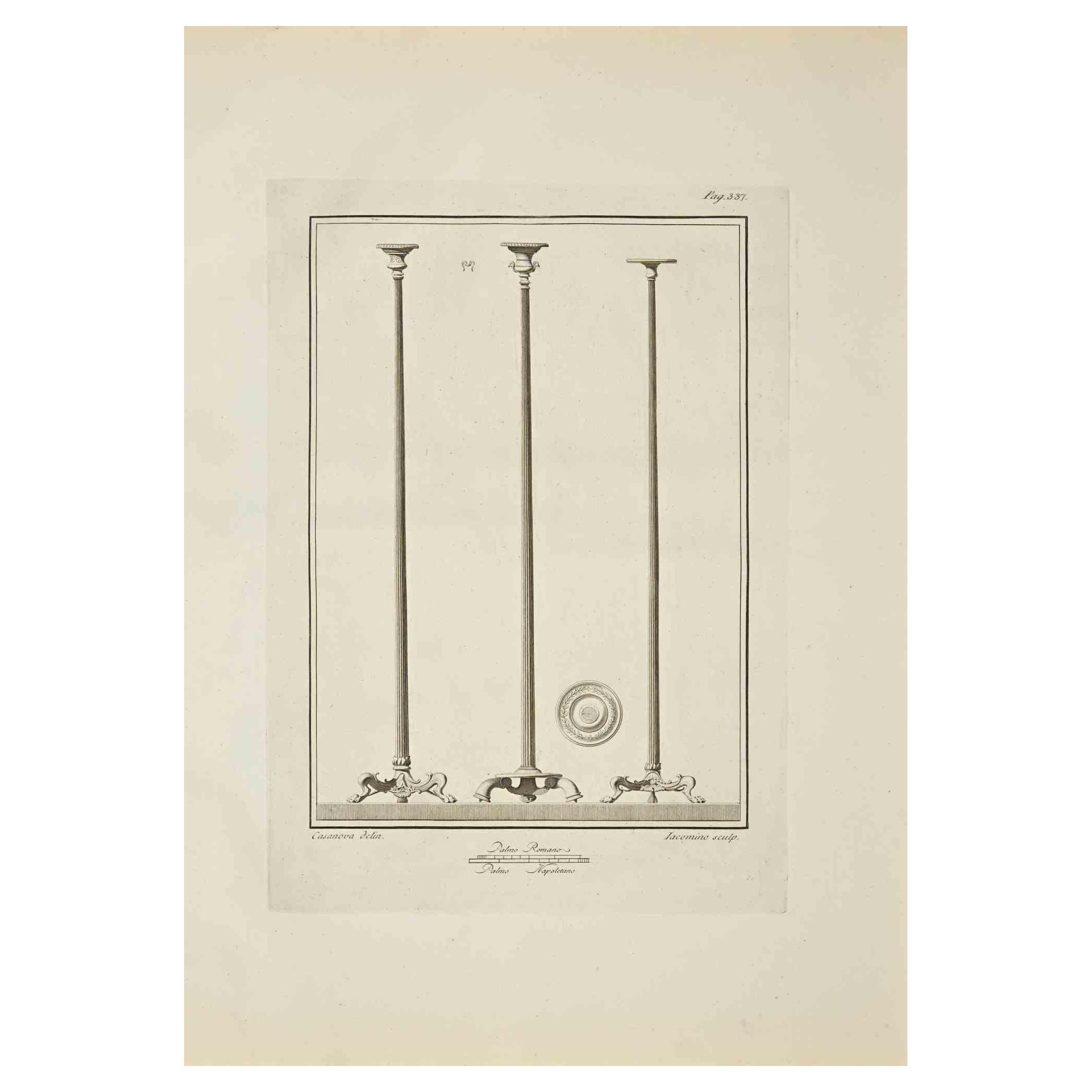 Ancien Herculanum romain Fresco, gravure originale de G. Casanova, 18ème siècle