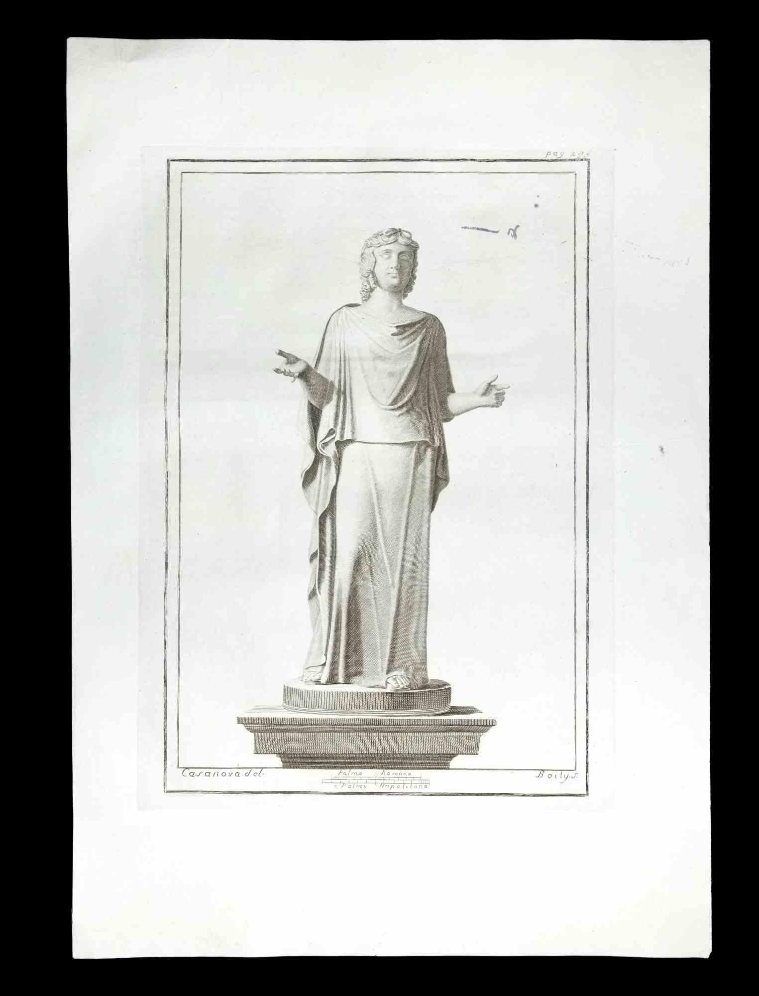 Antigua estatua romana, de la serie "Antigüedades de Herculano", es un aguafuerte original sobre papel realizado por Giacomo Casanova en el siglo XVIII.

Firmado en la placa, en la parte inferior izquierda.

Buen estado de conservación, con ligeras