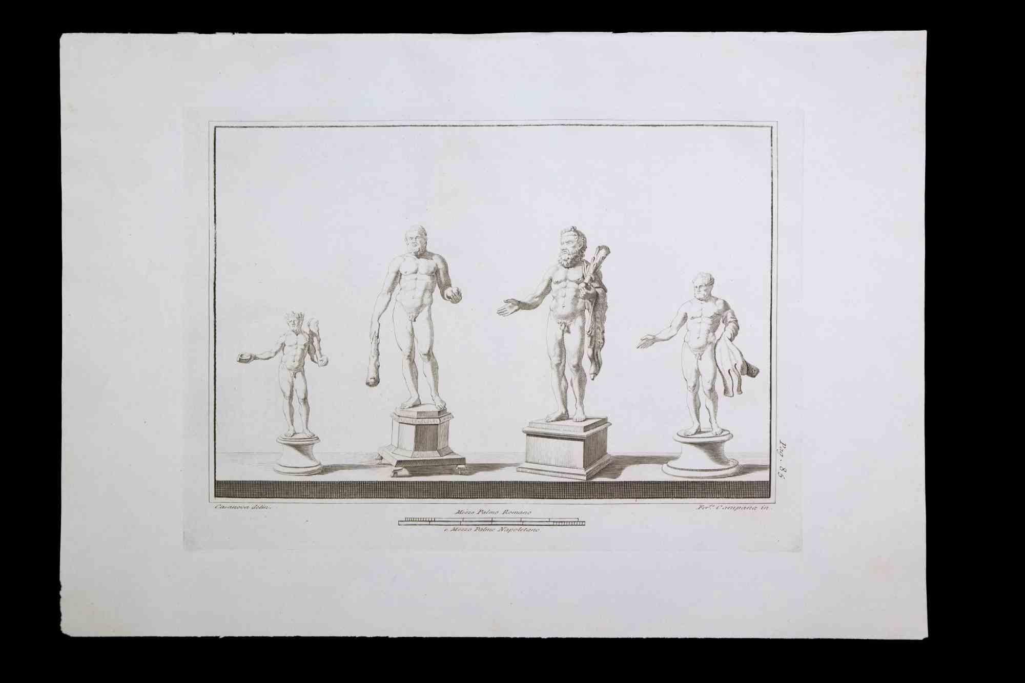 Antiguas estatuas romanas, de la serie "Antigüedades de Herculano", es un aguafuerte original sobre papel realizado por Giacomo Casanova en el siglo XVIII.

Firmado en la placa.

Buen estado, con ligeros pliegues.

El grabado pertenece al conjunto