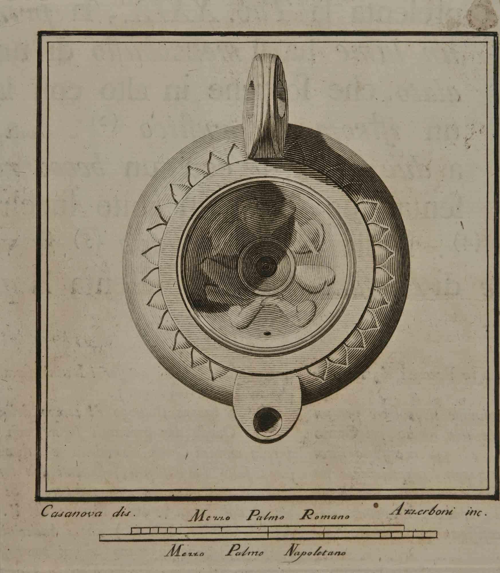 Antikes römisches Stilleben aus der Serie "Antiquitäten von Herculaneum", ist eine Radierung auf Papier, die von Azzerboni und Casanova im 18.

Signiert auf der Platte.

Angemessene Bedingungen aufgrund der Zeit.

Die Radierung gehört zu der