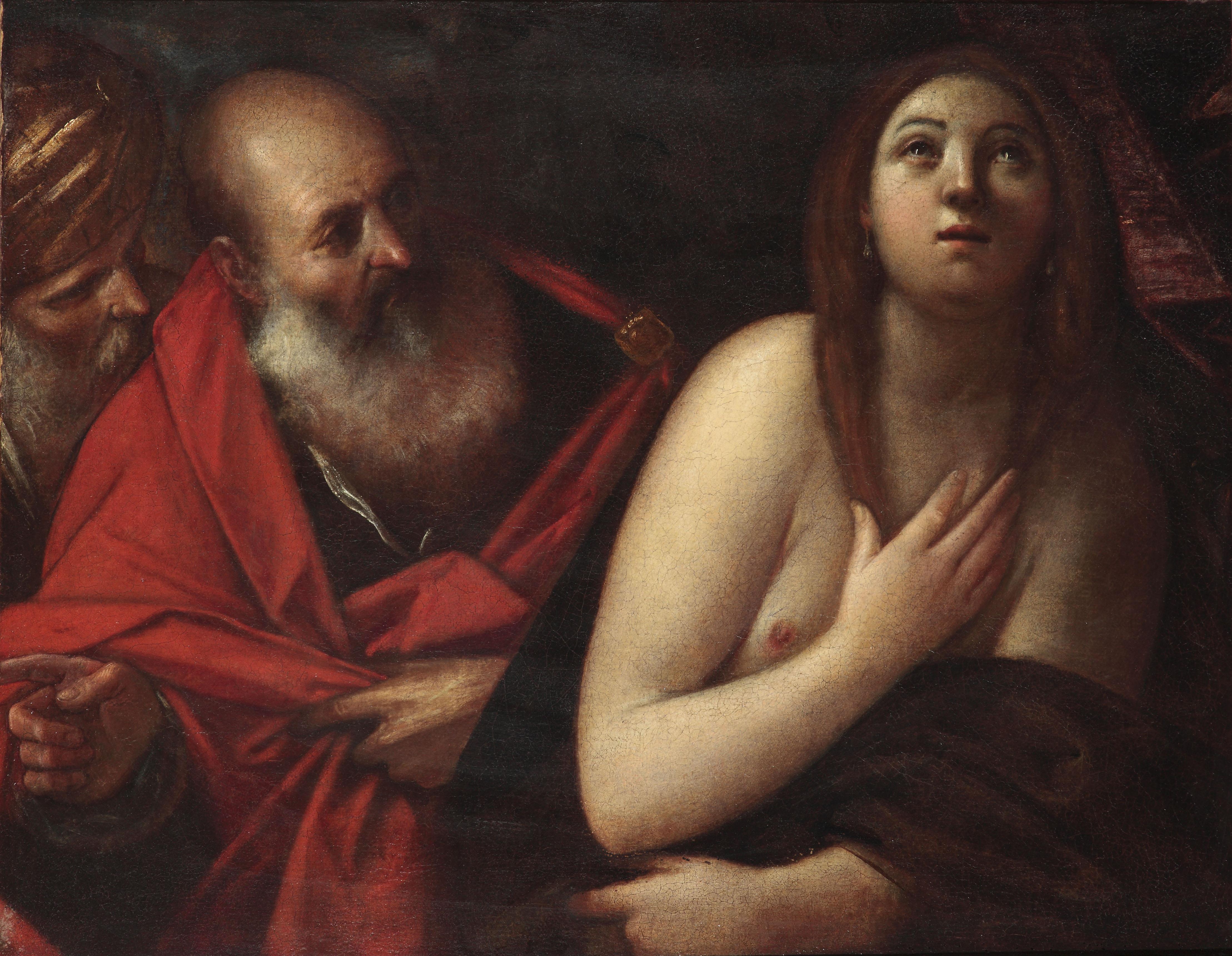 16th-17th Century By Giacomo Cavedone Susanna and the Elders Oil on Canvas