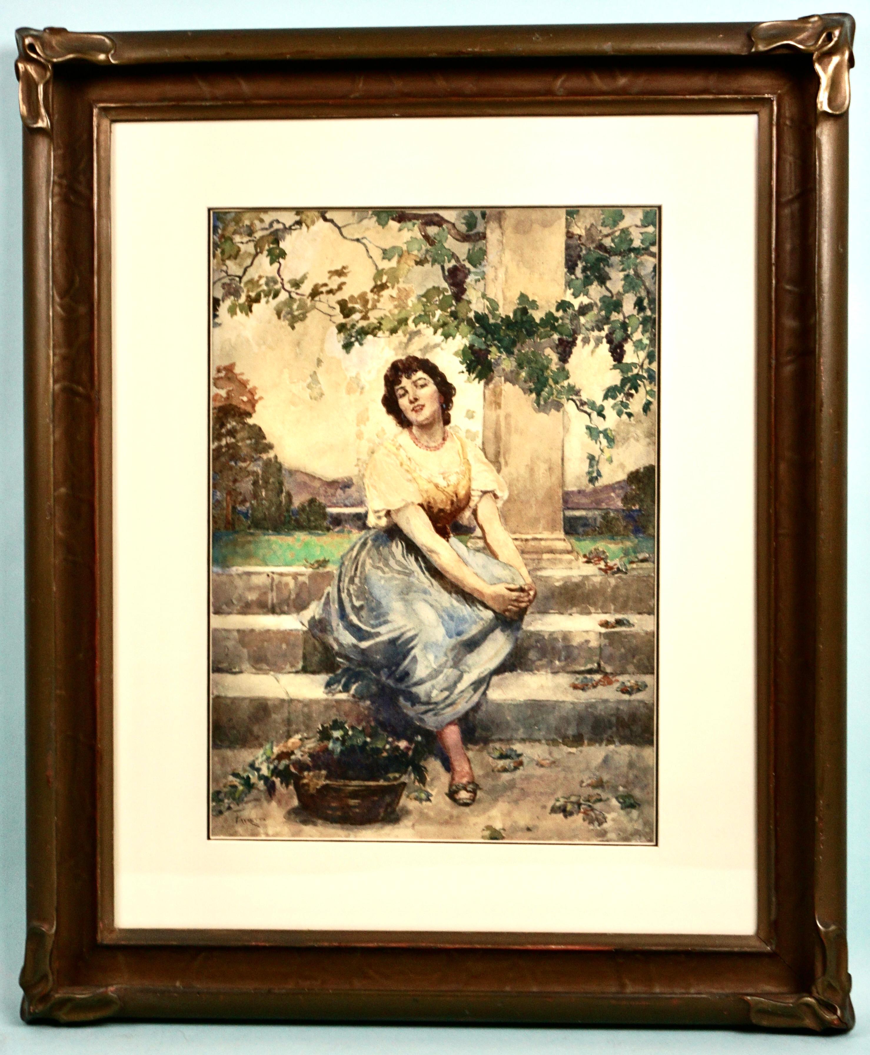 Paint Giacomo Favretto Watercolor on Paper of a Woman in a Garden