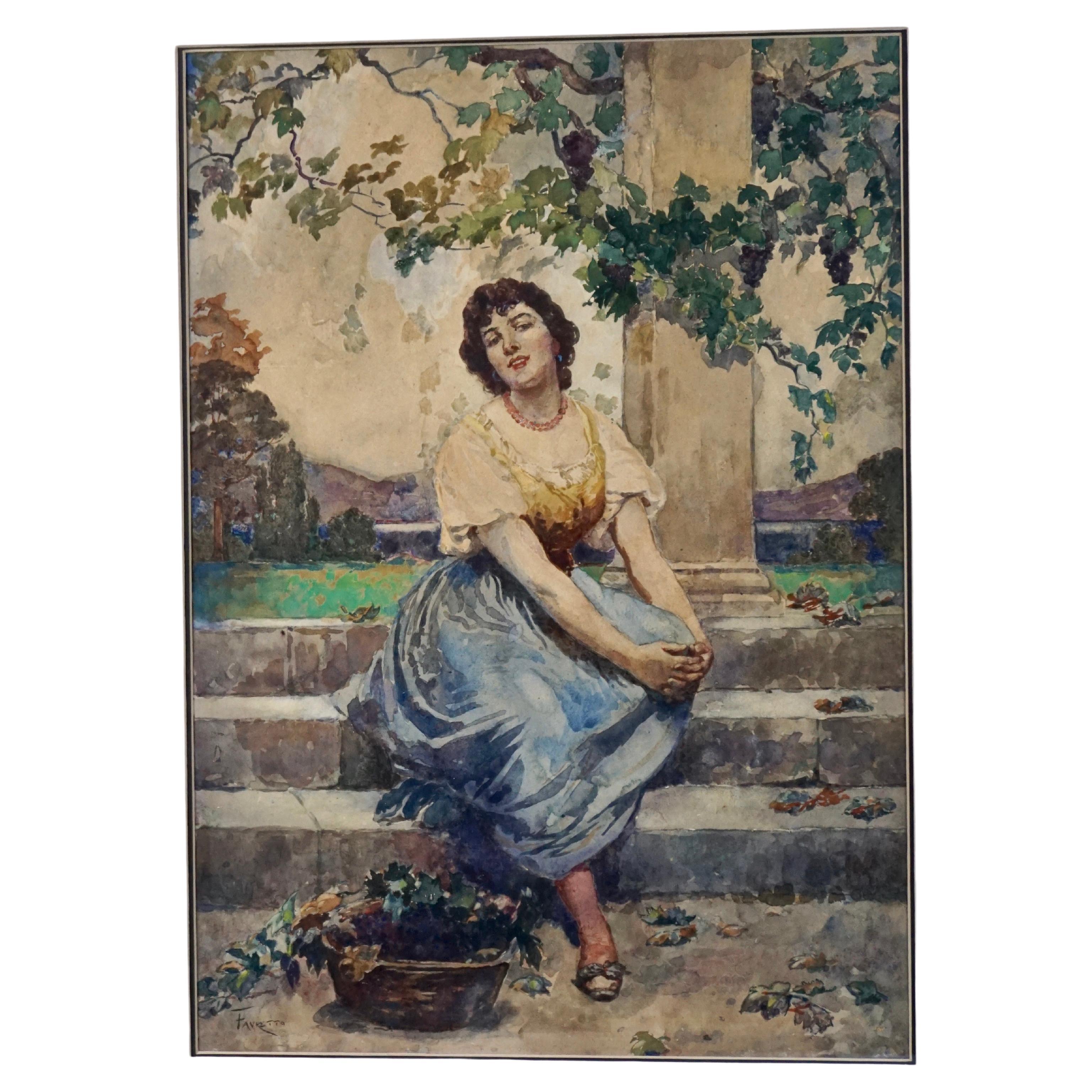 A pretty watercolor on paper of a lovely woman in a garden setting by Giacomo Favretto (Italian, 1849-1887), a well regarded Italian genre painter who was born and lived in Venice. He studied at the Academy of Fine Arts in 1864 and presented work at