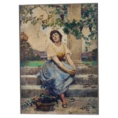 Giacomo Favretto Watercolor on Paper of a Woman in a Garden