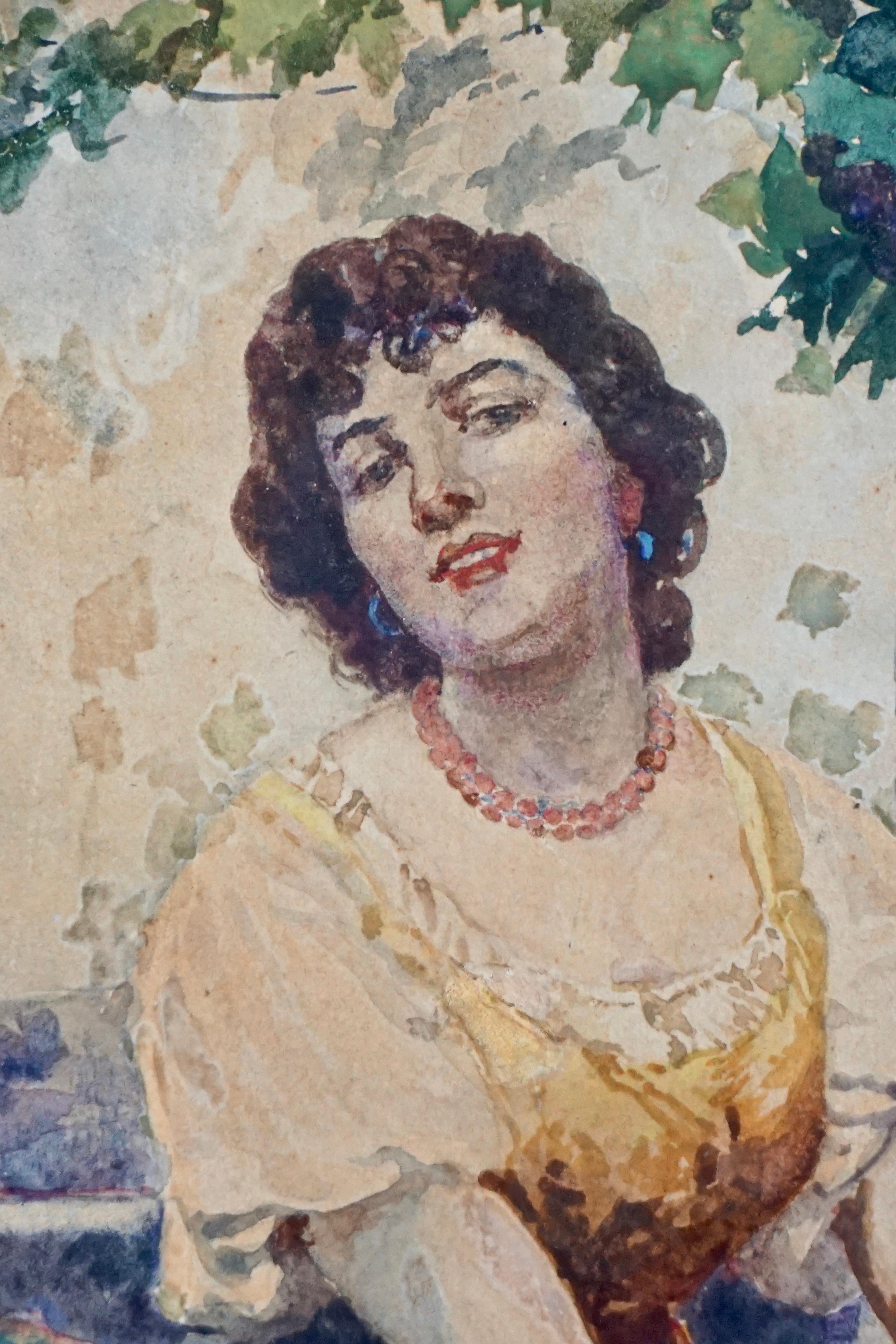 Romantic Giacomo Favretto Watercolor on Paper of a Woman in a Garden