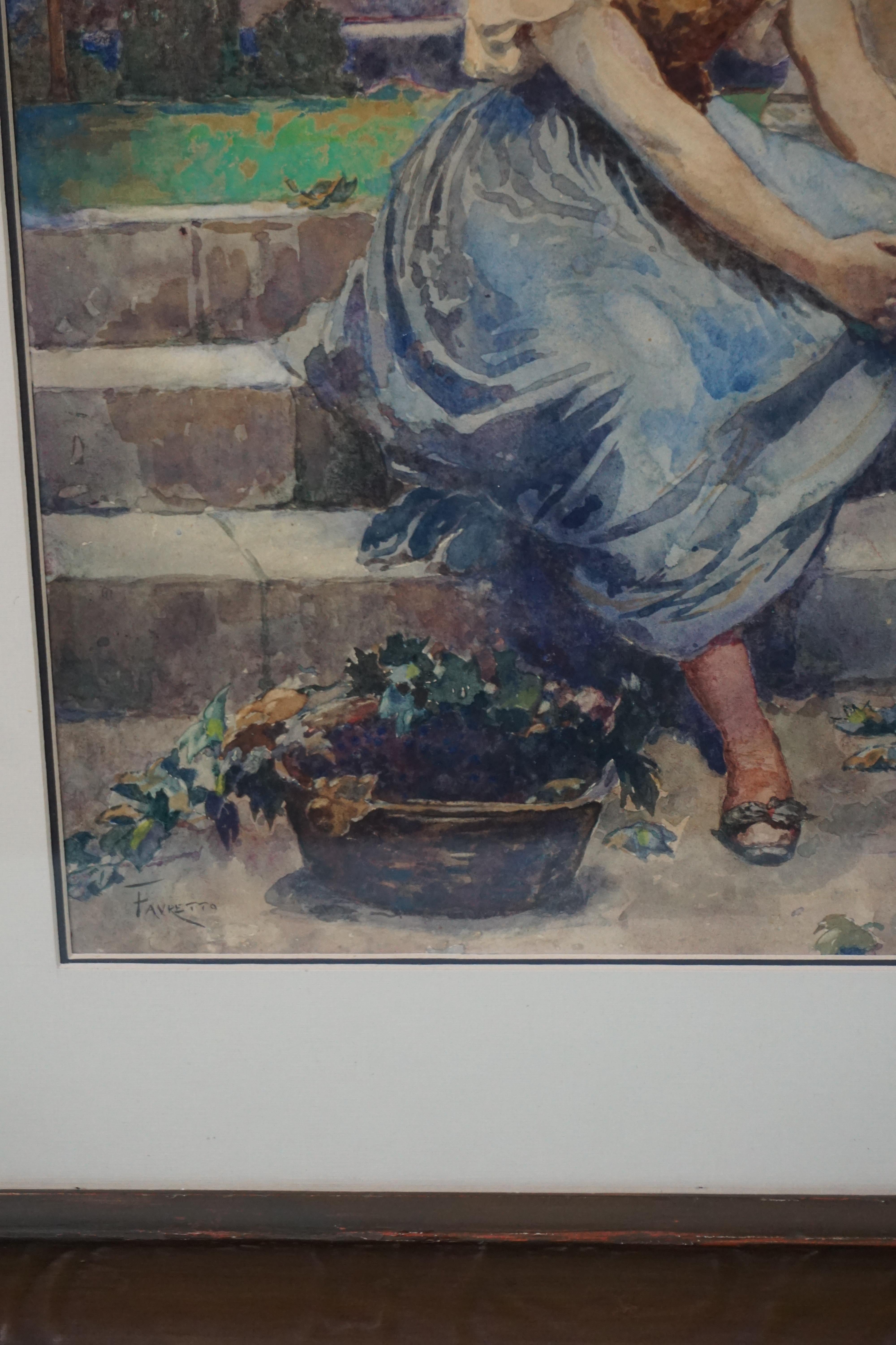 Giacomo Favretto Watercolor on Paper of a Woman in a Garden In Good Condition In San Francisco, CA
