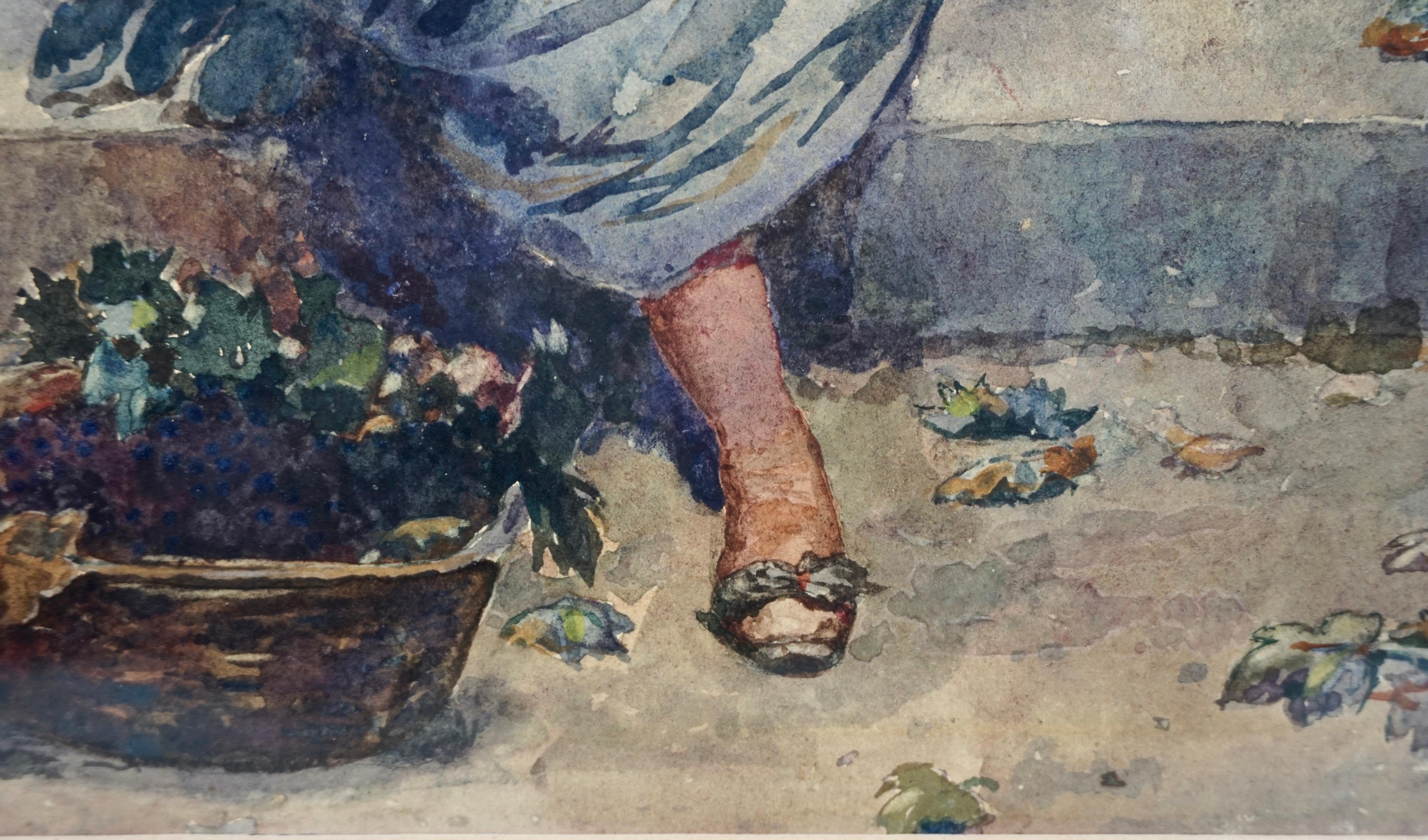 Mid-19th Century Giacomo Favretto Watercolor on Paper of a Woman in a Garden