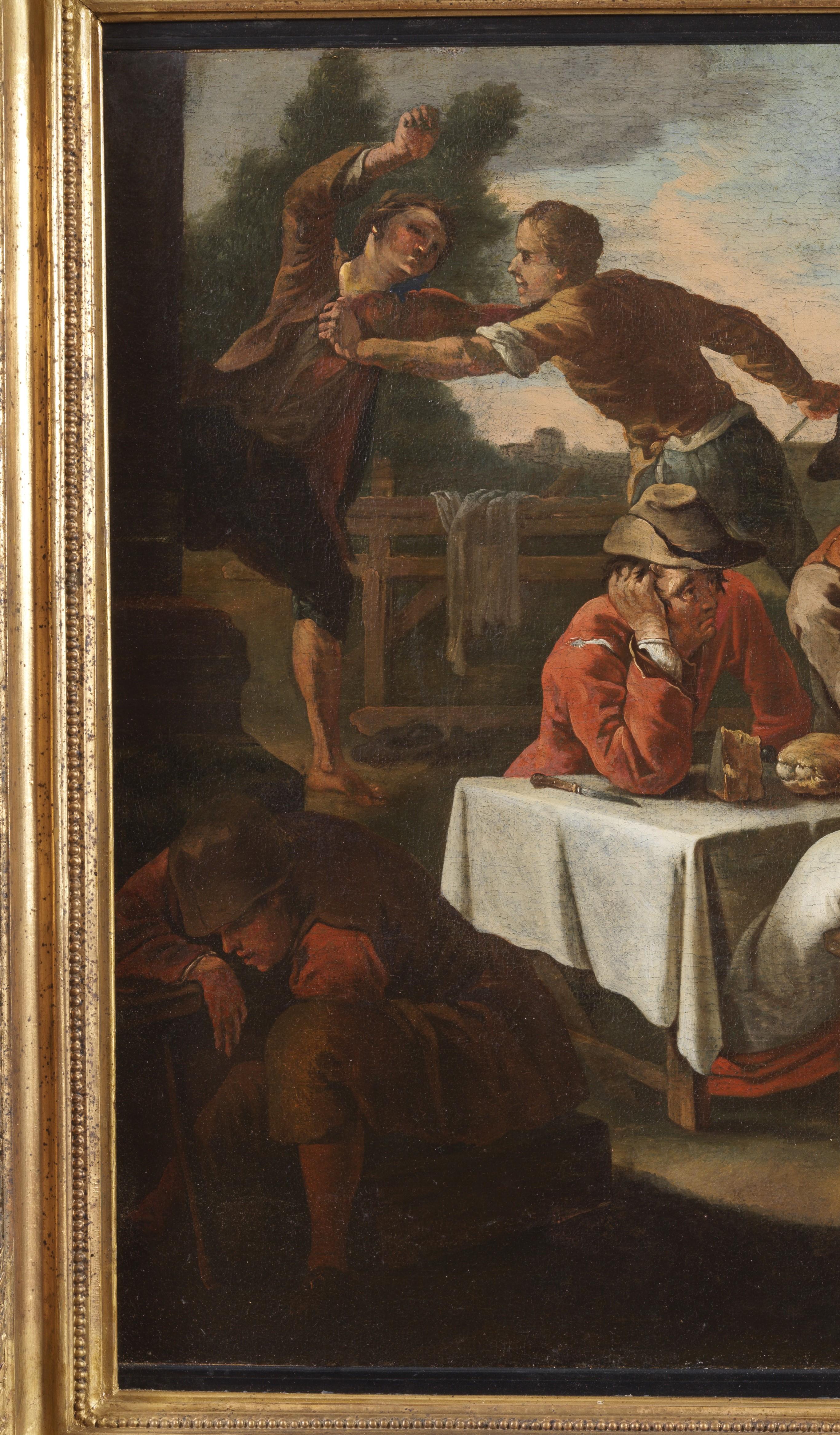 xVIIIe siècle Auberge extérieure Cipper Todeschini Scène Personnages Huile sur toile Jaune - Painting de Giacomo Francesco Cipper (Todeschini)