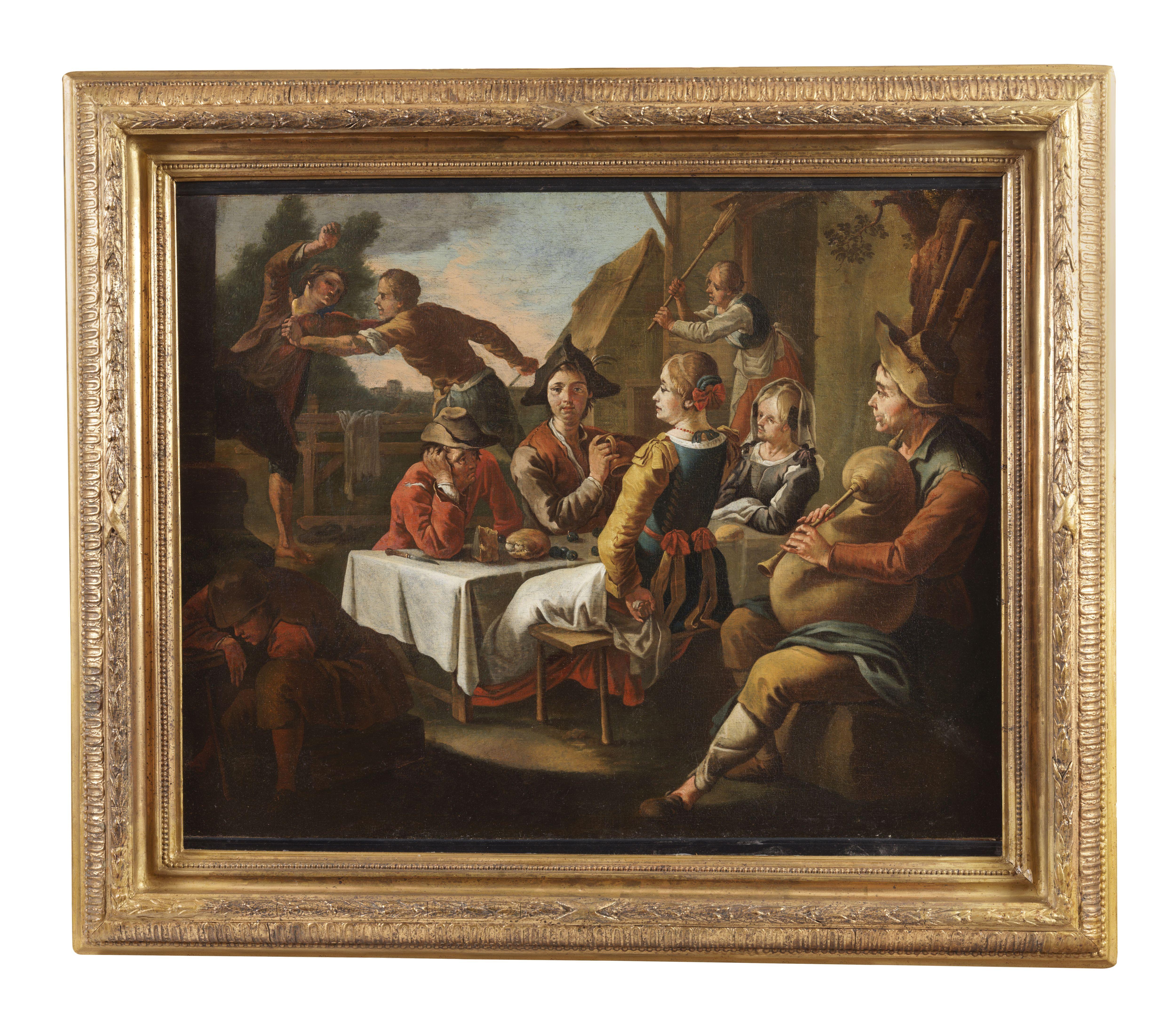 xVIIIe siècle Auberge extérieure Cipper Todeschini Scène Personnages Huile sur toile Jaune - École italienne Painting par Giacomo Francesco Cipper (Todeschini)