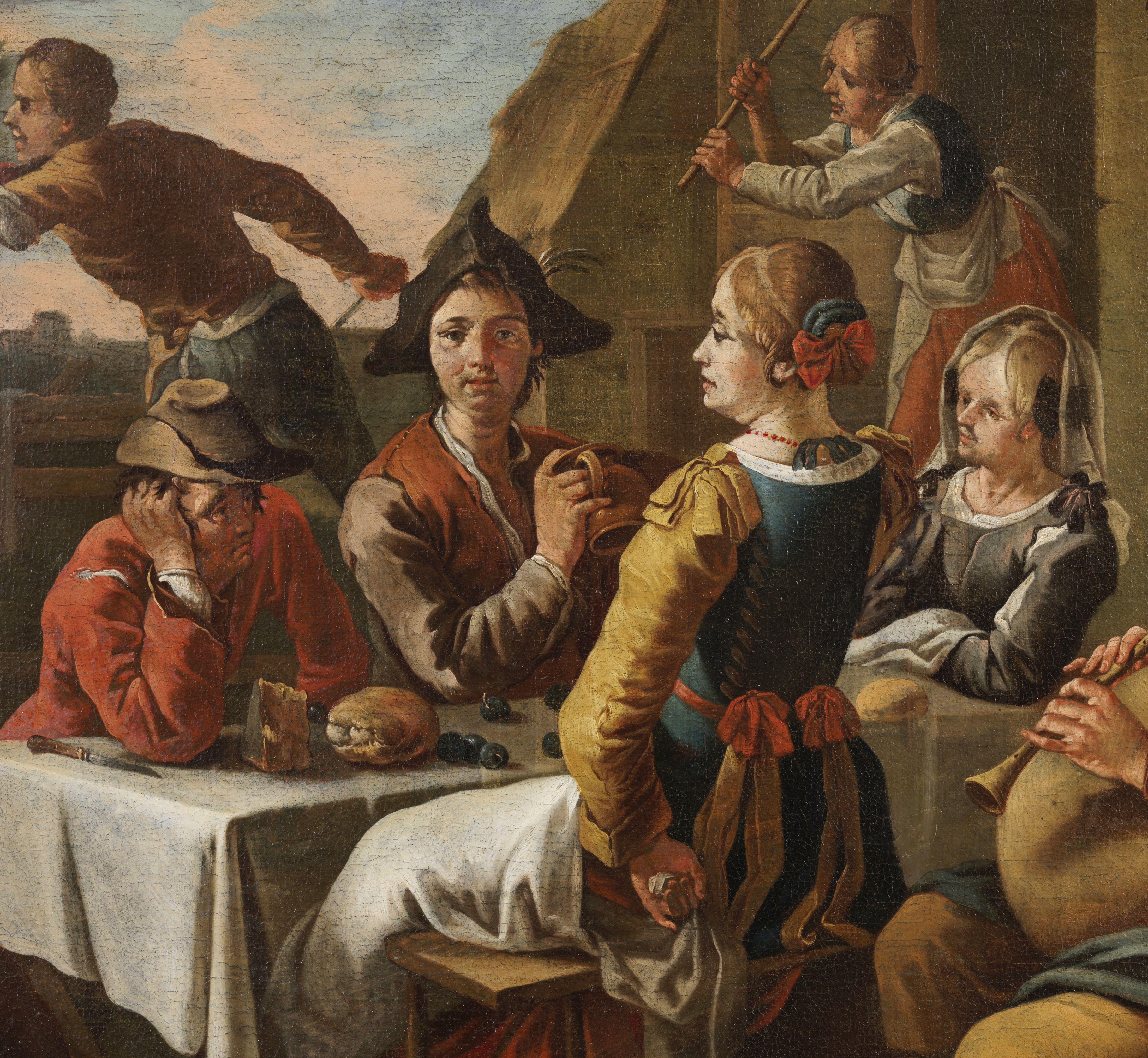 xVIIIe siècle Auberge extérieure Cipper Todeschini Scène Personnages Huile sur toile Jaune - Black Figurative Painting par Giacomo Francesco Cipper (Todeschini)