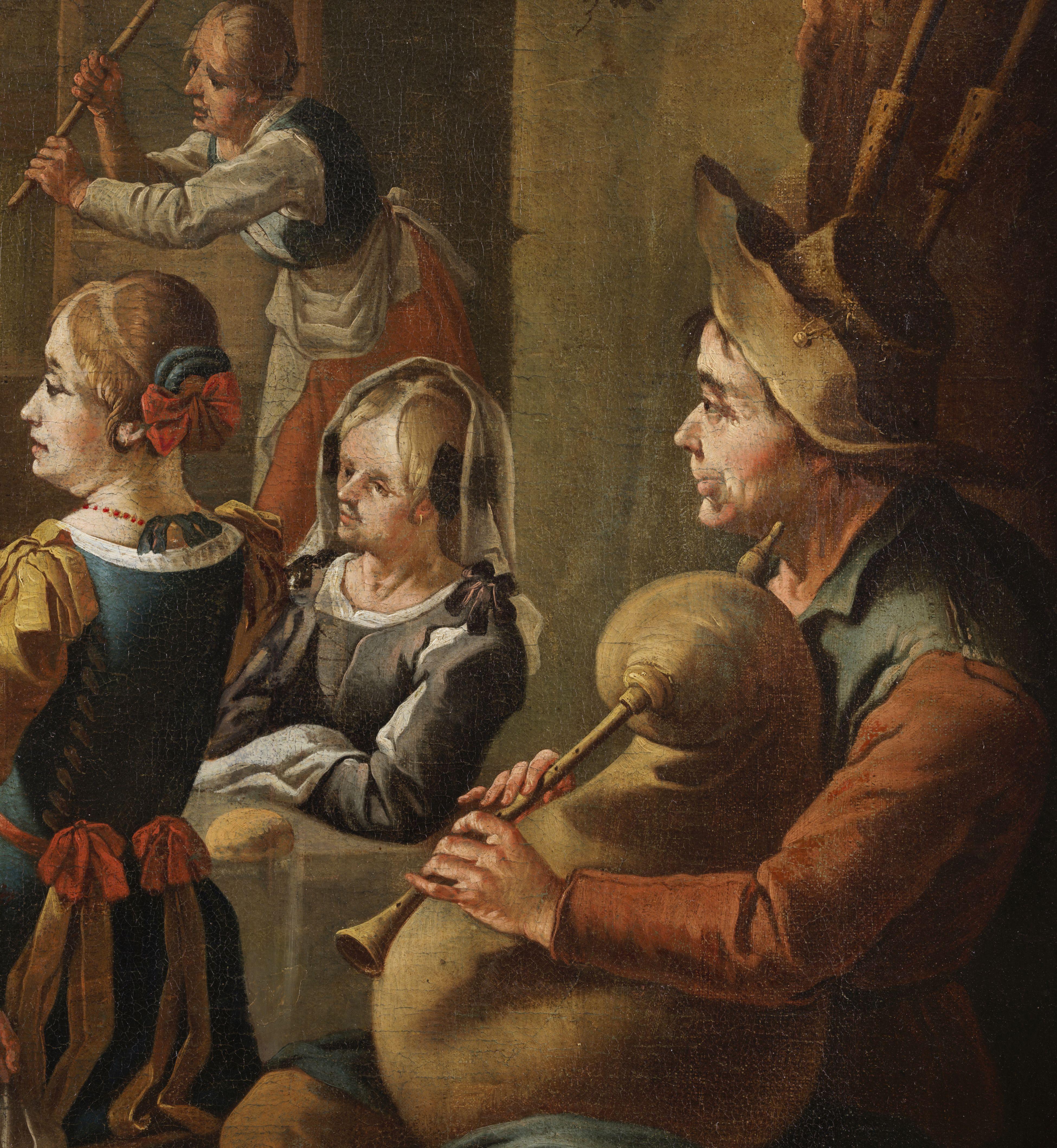 Peinture Huile sur toile mesurant 72 x 92 cm et 98 x 114 cm avec un magnifique cadre contemporain représentant une scène d'auberge en plein air par le peintre Giacomo Francesco Cipper dit Todeschini ( Feldkirch 1644 - Milan 1736 ).

Ce tableau, en