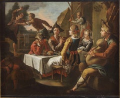 18th Century Exterior Inn Cipper Todeschini Scene People Oil on Canvas Yellow