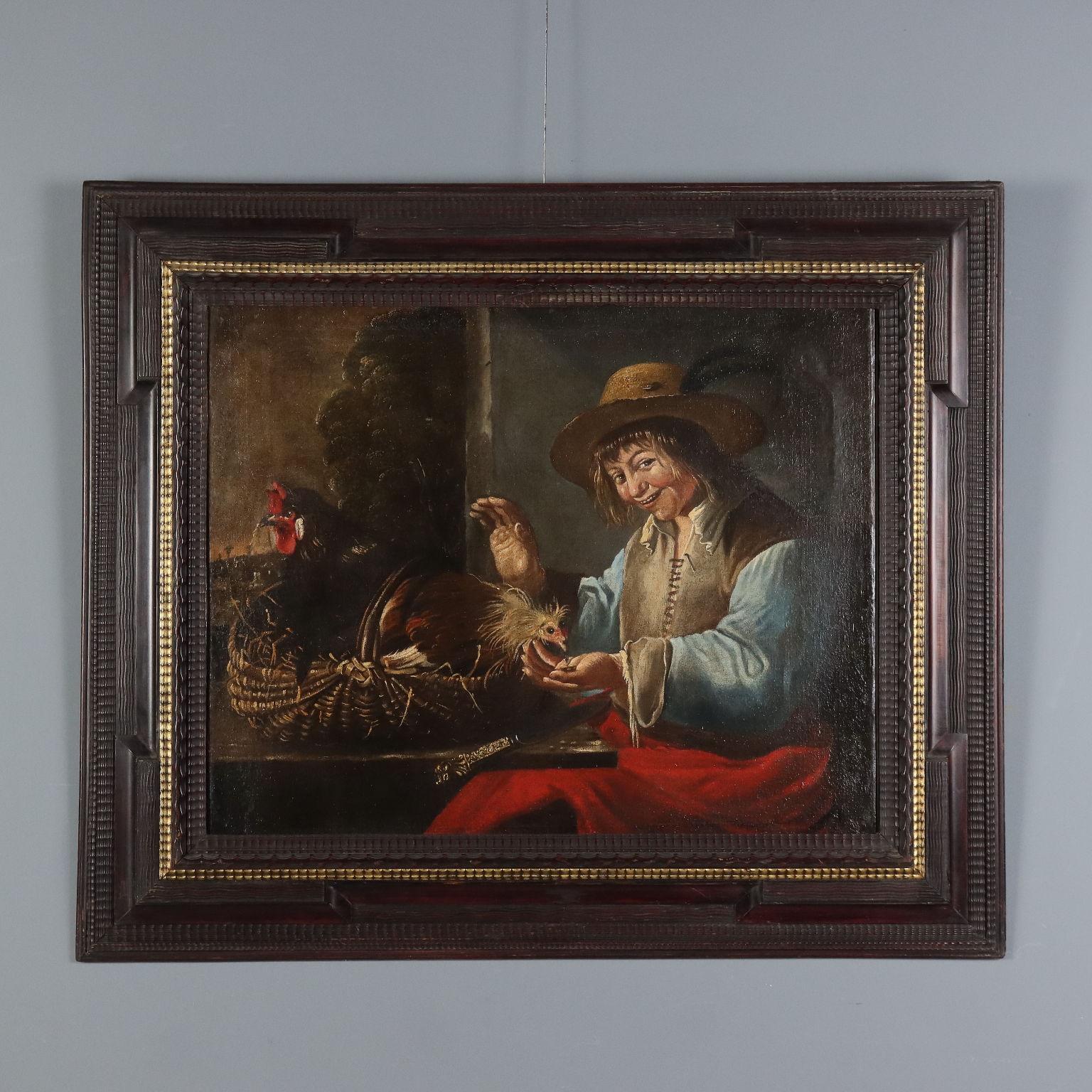Giacomo Francesco Cipper (Todeschini) Figurative Painting - Painting by Giacomo Francesco Cipper: *Boy with Hens*, oil on canvas.