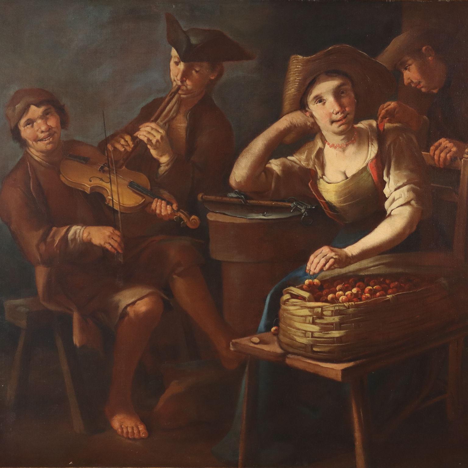 Umwerbender Kirschenverkäufer und zwei Ringer um 1720. (Sonstige Kunststile), Painting, von Giacomo Francesco Cipper (Todeschini)