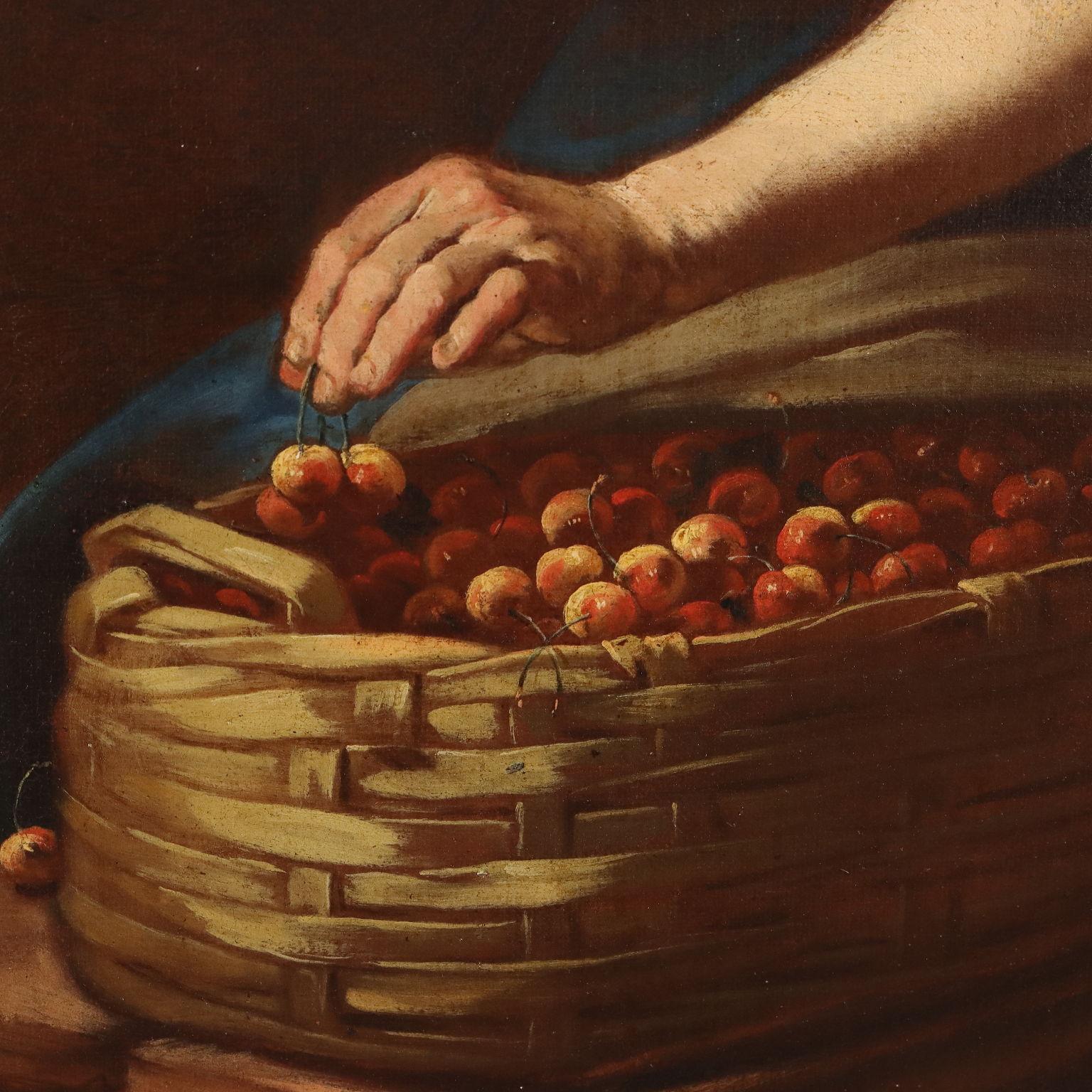 Umwerbender Kirschenverkäufer und zwei Ringer um 1720. im Angebot 1