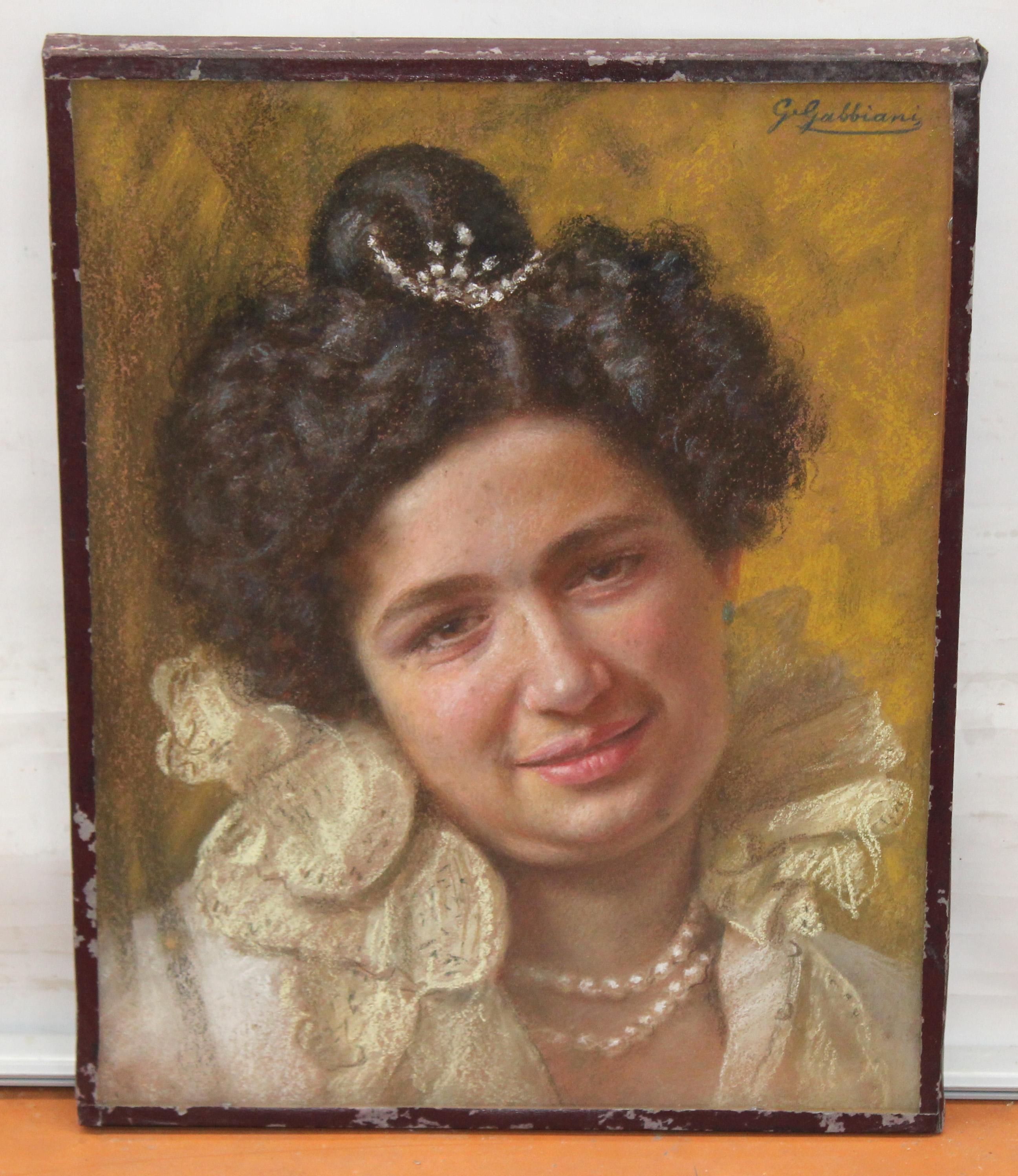 Técnica mixta y pastel - Ritratto con tiara e perle - Mixed Media Art Scuola italiana di Giacomo Gabbiani