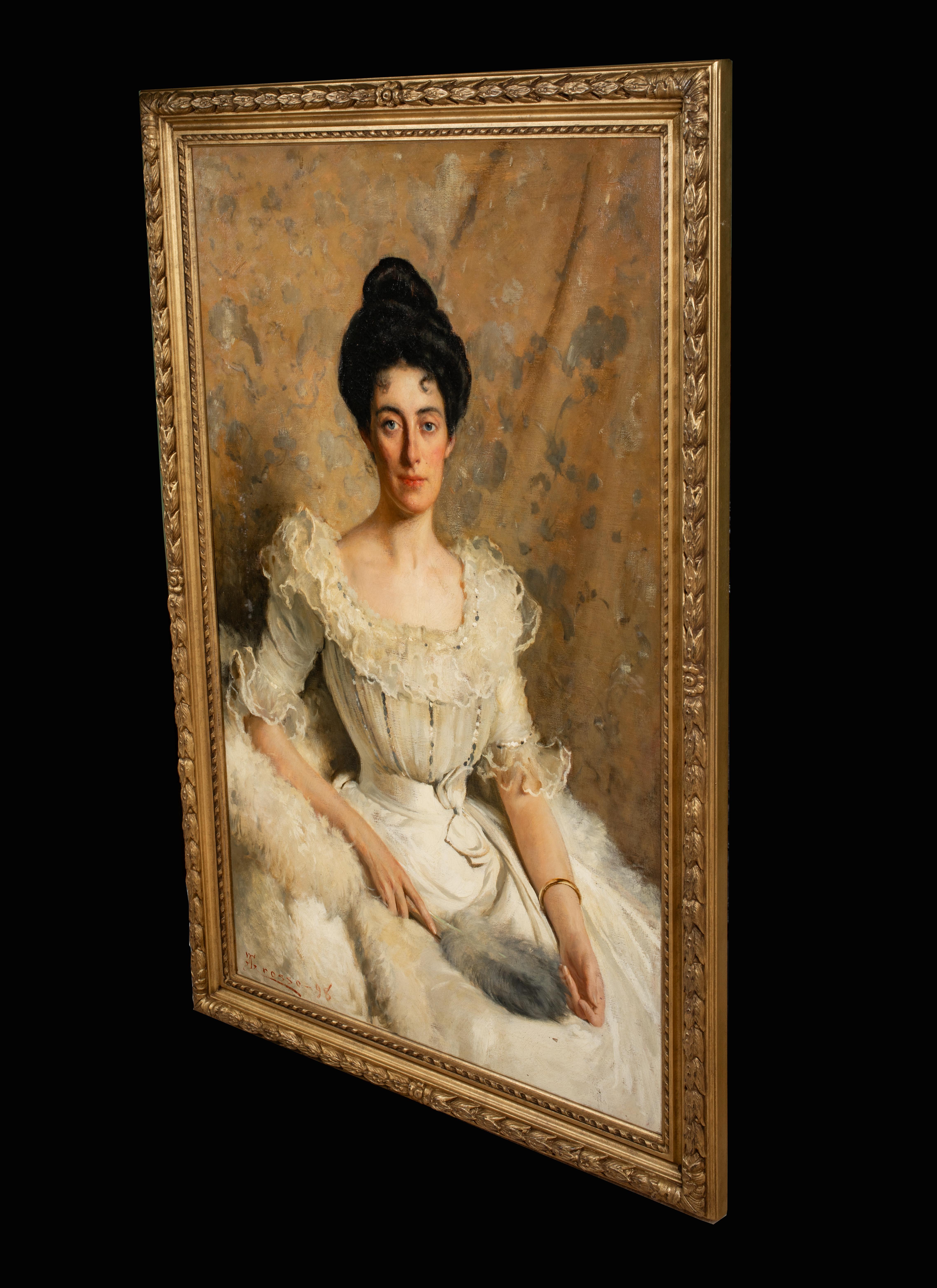 Ritratto di signora italiana, XIX secolo 

GIACOMO GROSSO (1860-1938)

Grande ritratto italiano del XIX secolo di una signora che indossa un abito bianco, olio su tela di Giacomo Grosso. Bellissimo esempio del lavoro del ritrattista italiano Famed
