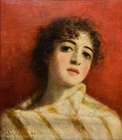 ""Porträt auf rotem Hintergrund"" Öl cm. 35 x 41  1890ca