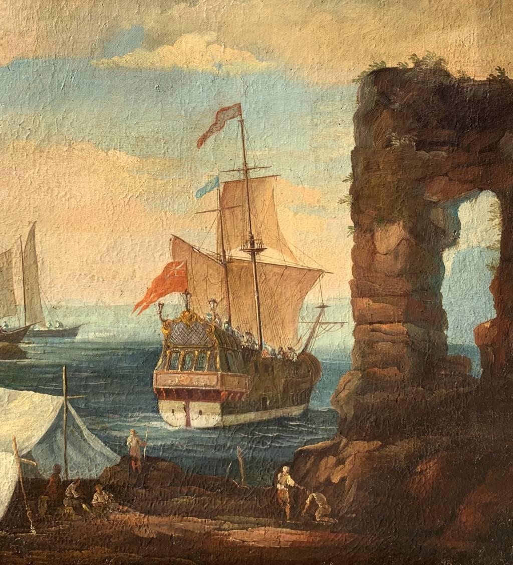 Giacomo Guardi (Venice 1764 - Venice 1835) circle of - Port landscape with architectural capriccio and British galleon.

72 x 96 cm without frame, 90 x 114 cm with frame.

Ancient oil painting on canvas, in a gilded wooden frame.

- It bears the