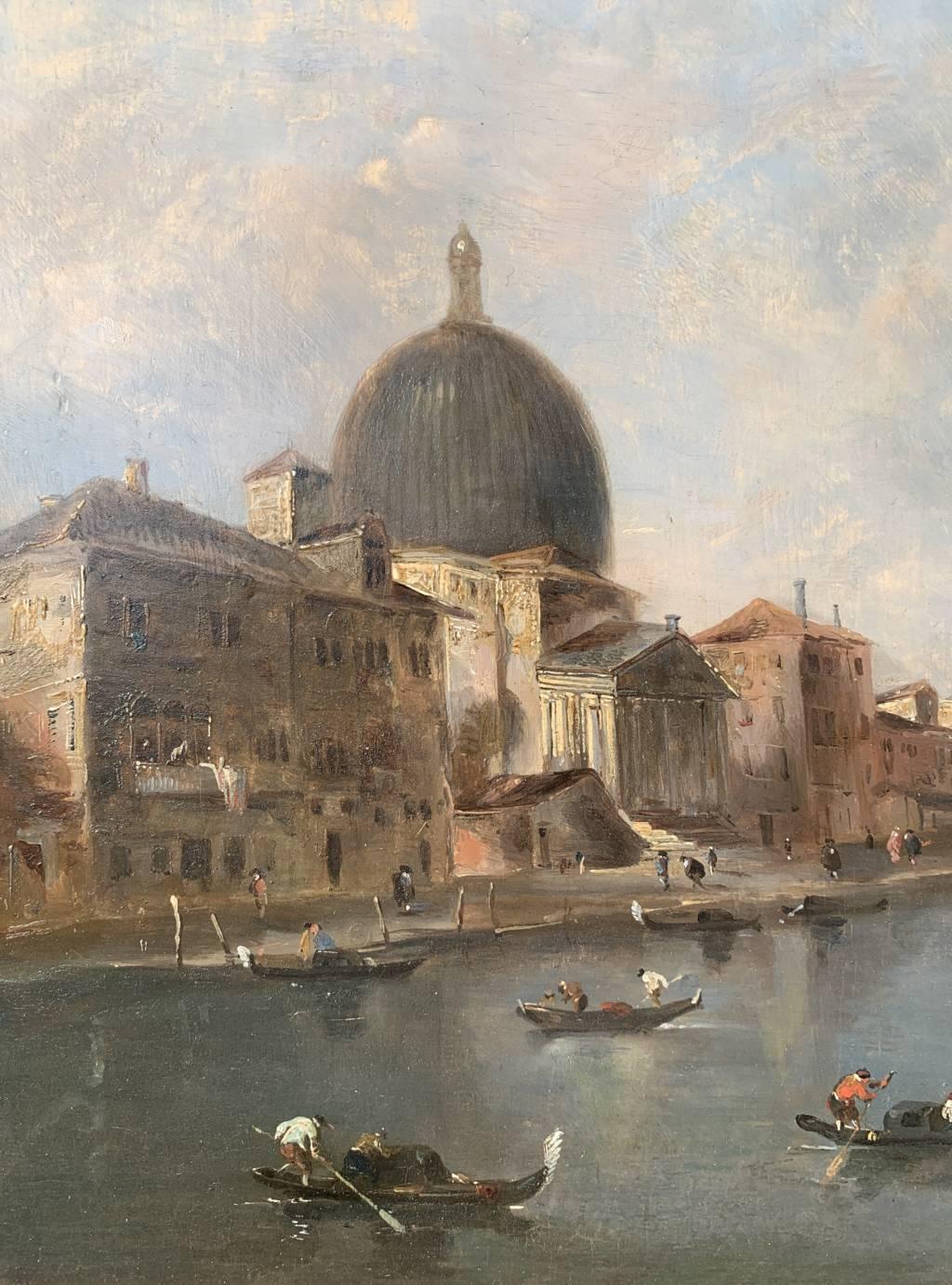 Giacomo Guardi (Venice 1764 - Venice 1835) - Venice, view with the church of S. Simeon Piccolo.

36 x 30 cm without frame, 60.5 x 50.5 cm with frame.

Antique oil painting on wood, in a carved and gilded wooden frame.

- We are thankful to professor