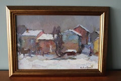 Vintage post impressionist snow landscape oil painting by Giacomo Malfanti