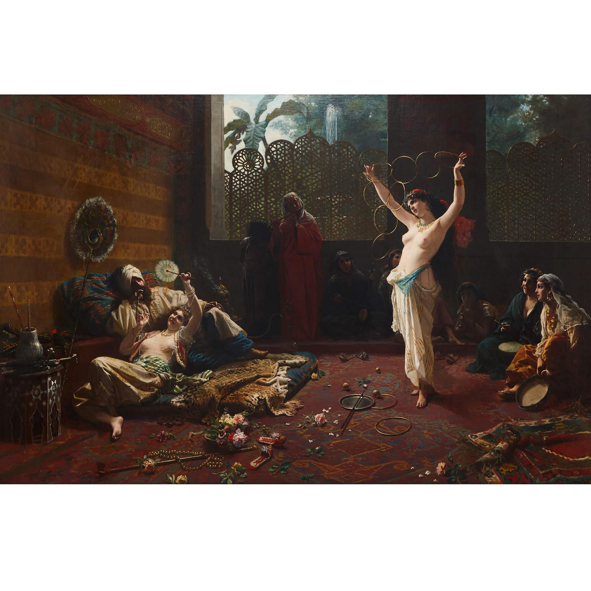'An idle evening in the seraglio', antique Orientalist painting - Painting by Giacomo Mantegazza