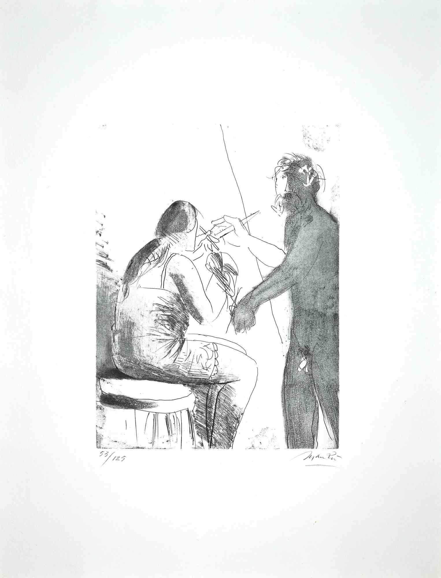 In the Atelier - Etching by Giacomo Manzù - 1968