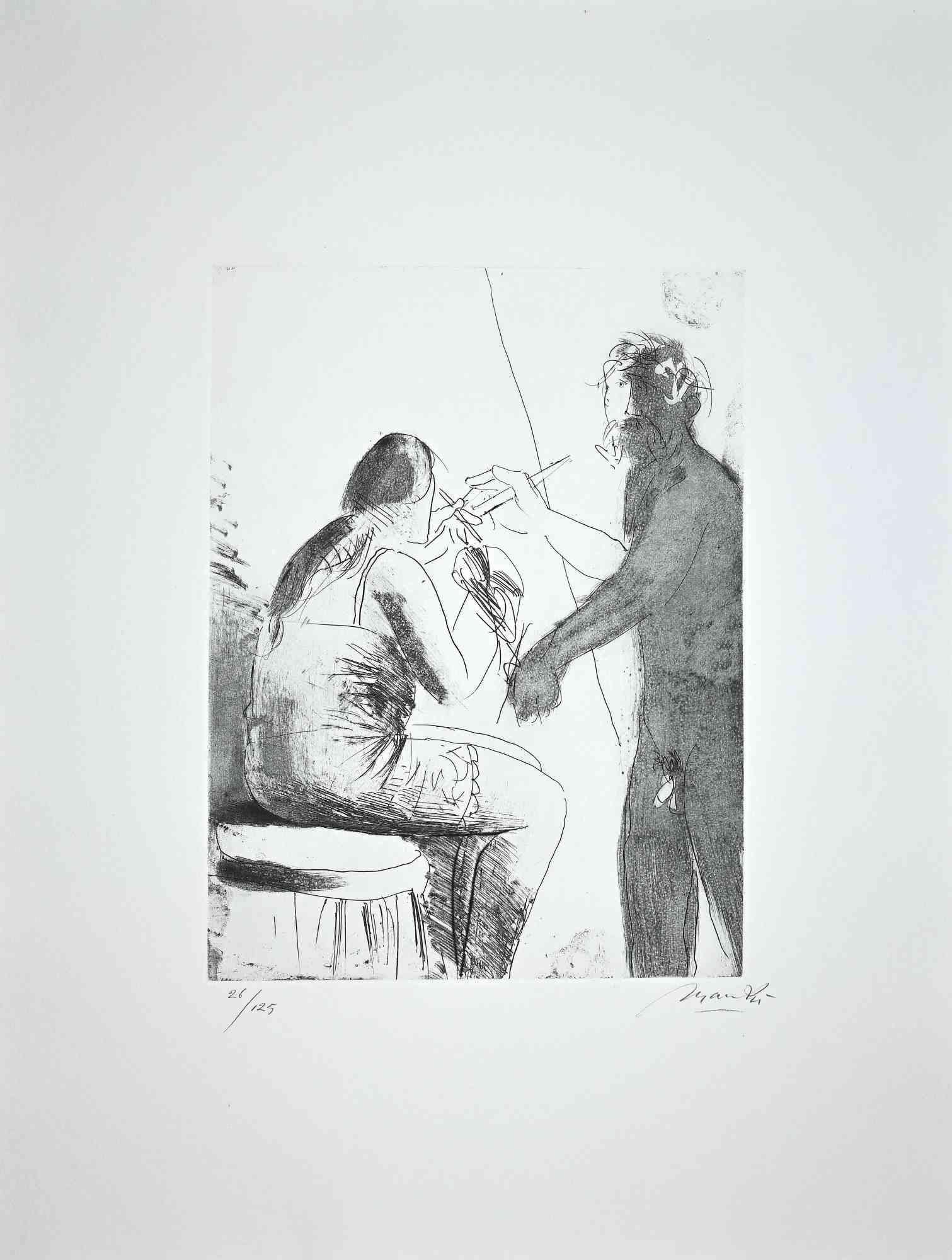 In the Atelier - Etching by Giacomo Manzù - 1968