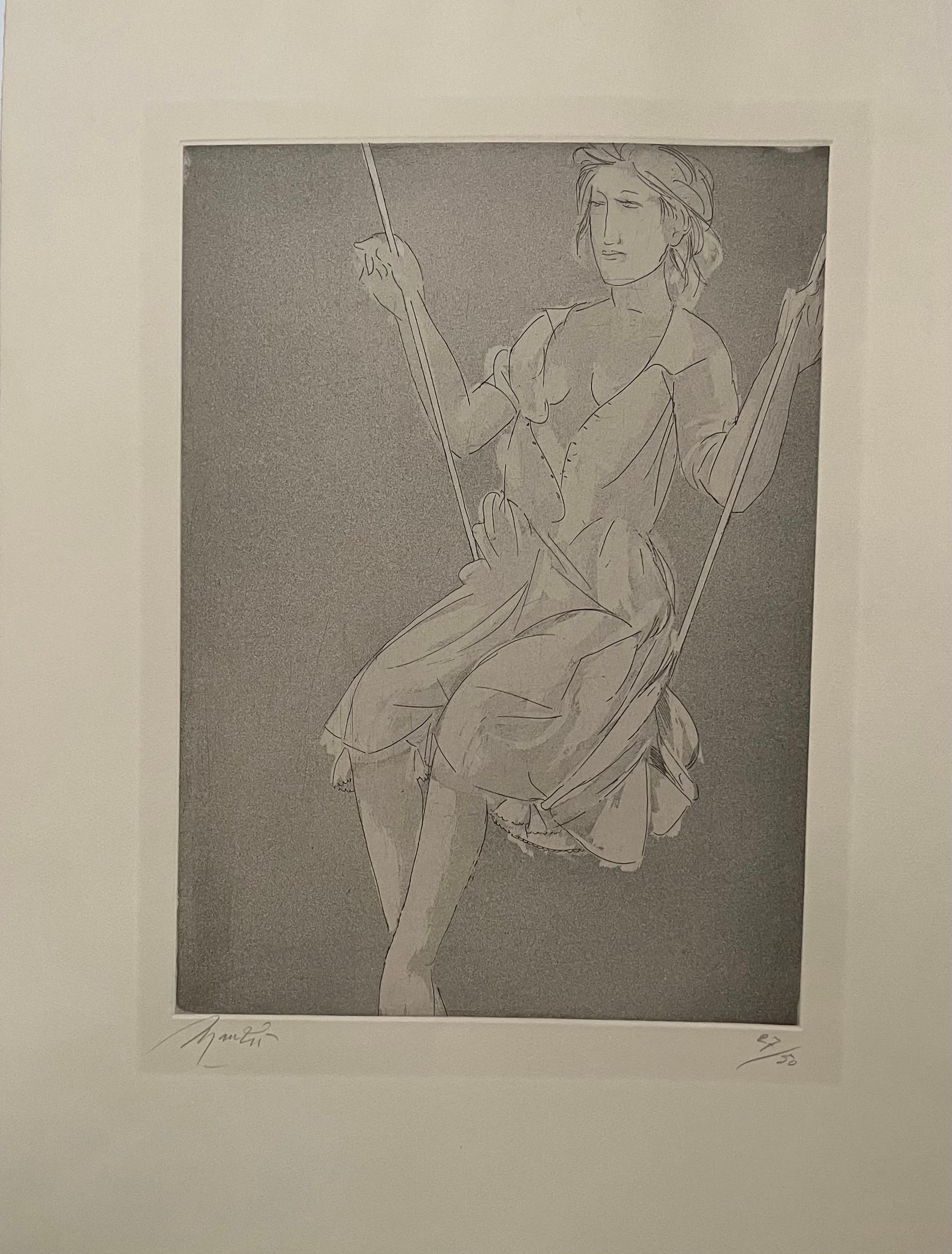 Italian Monochrome Woman on Swing Giacomo Manzù - Print by Giacomo Manzú