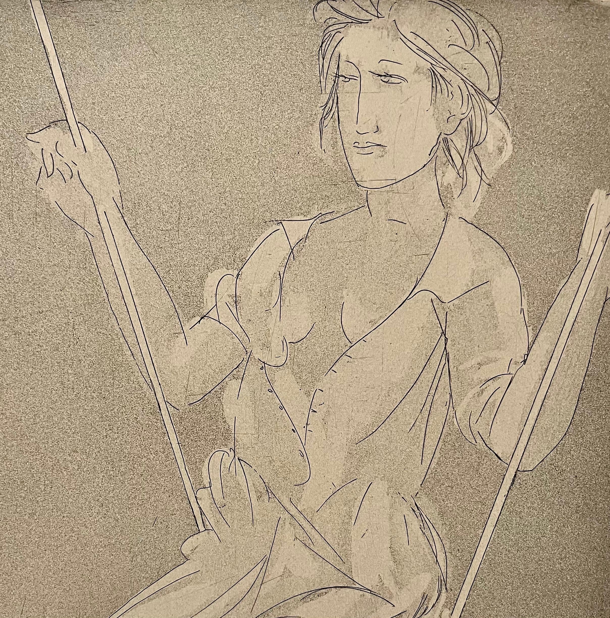 Italian Monochrome Woman on Swing Giacomo Manzù - Beige Portrait Print by Giacomo Manzú