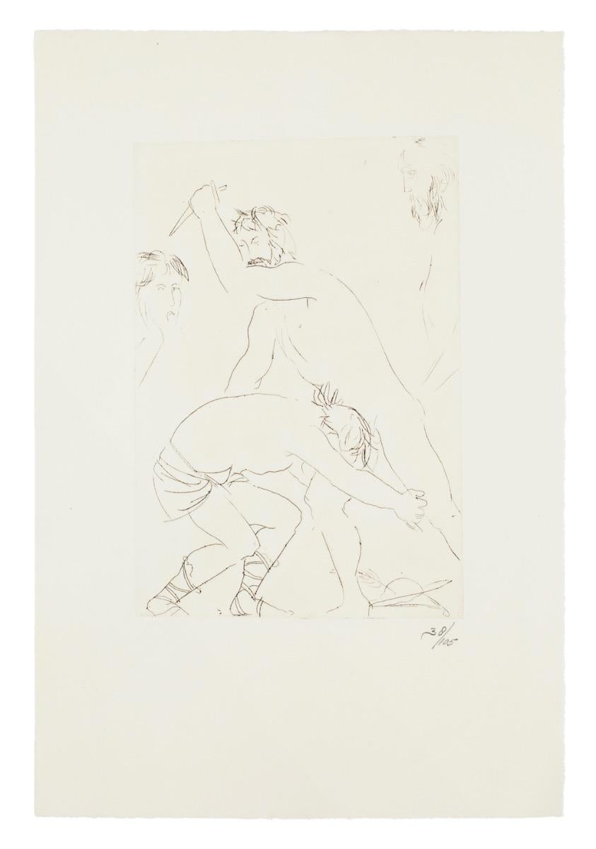 Giacomo Manzú Figurative Print - King Oedipus' Fight - Etching by Giacomo Manzù - 1968