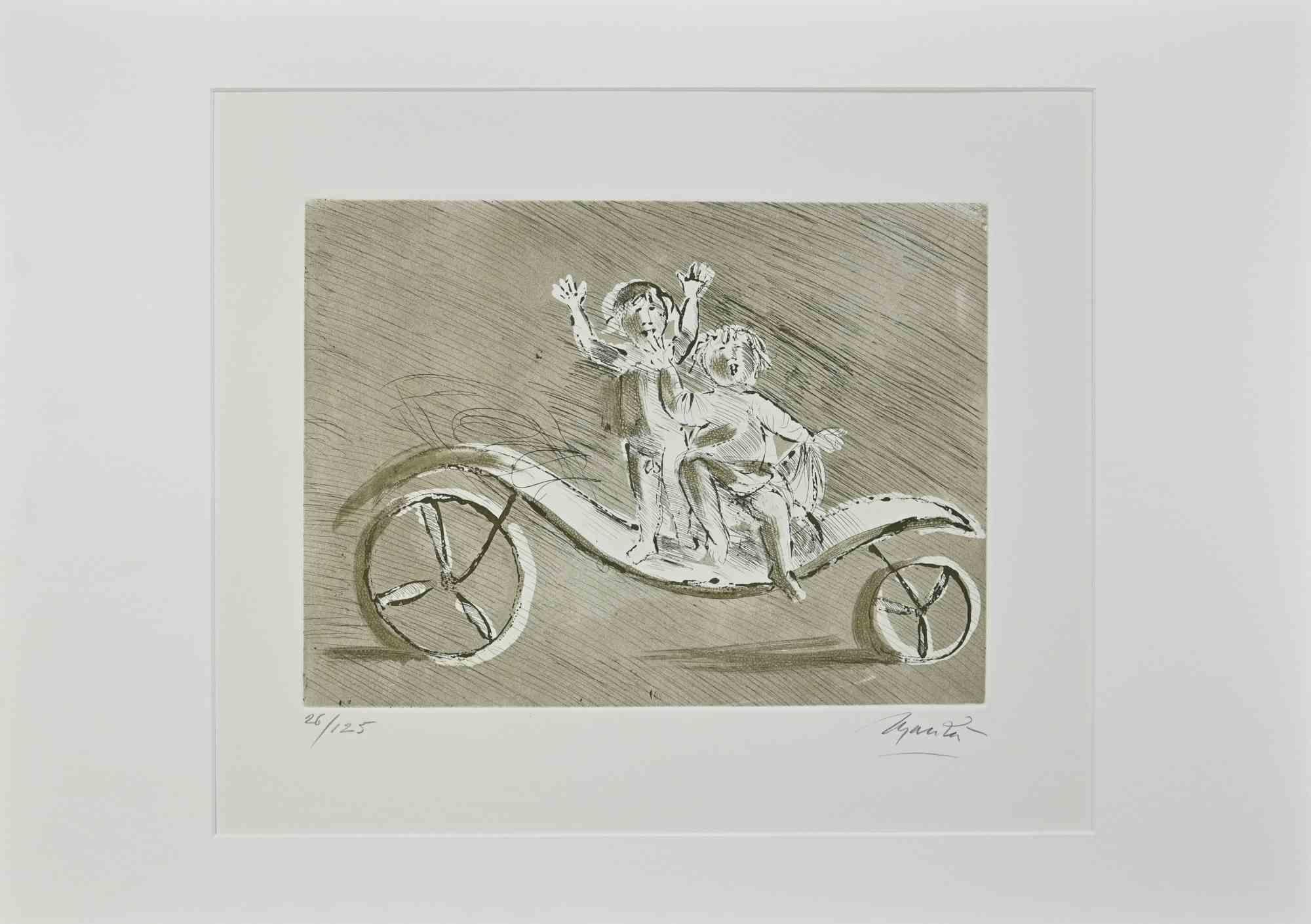 Giacomo Manzú Figurative Print - Mileto and Giulia in a Green Carriage - Etching by Giacomo Manzù - 1970