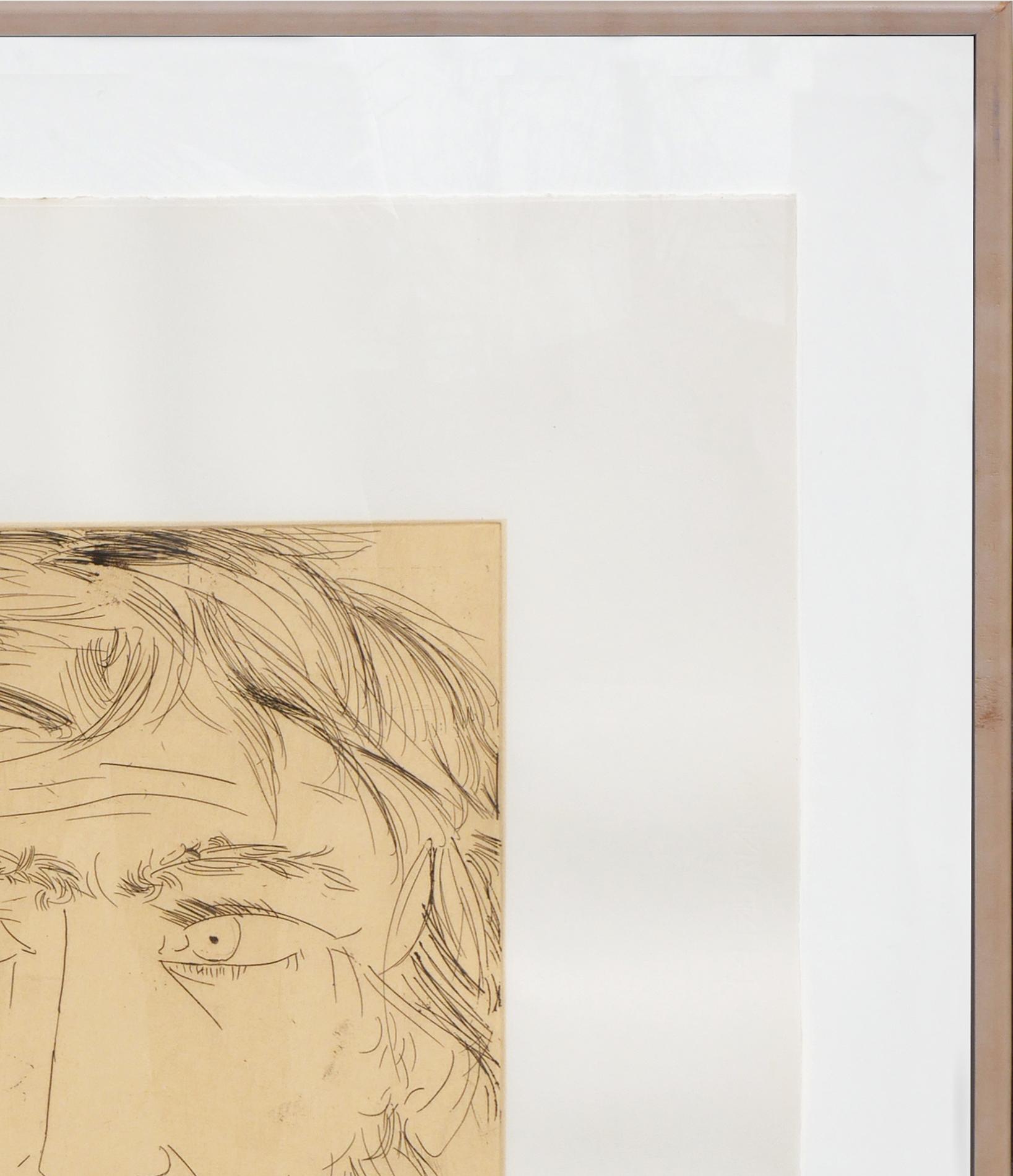 Monochromatische abstrakte figurative Radierung des italienischen Künstlers Giacomo Manzú. Das Werk zeigt ein Bildnis von Jesus Christus mit einem deutlichen Gesichtsausdruck auf Velinpapier. Unten vom Künstler signiert und mit der Auflage 98/200