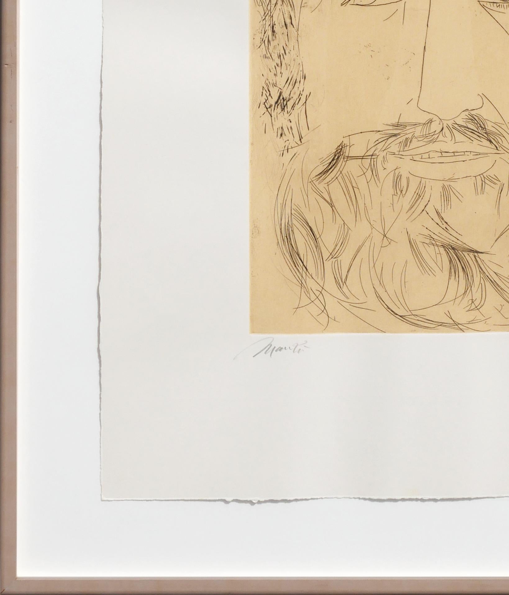 Monochromatic abstract figurative etching by Italian artist Giacomo Manzú. The piece depicts an image of Jesus Christ with a distinct facial expression on wove paper. Signed and editioned 98/200 by the artist at the bottom. Glass framed in a natural
