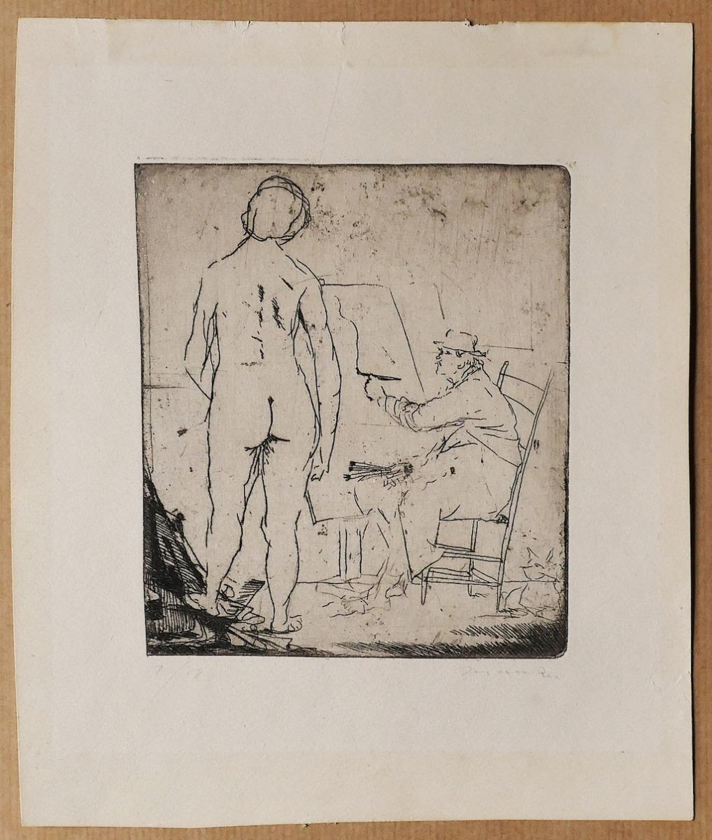 Le peintre et le modèle  - Gravure de Giacomo Manzù - années 1930 - Print de Giacomo Manzú