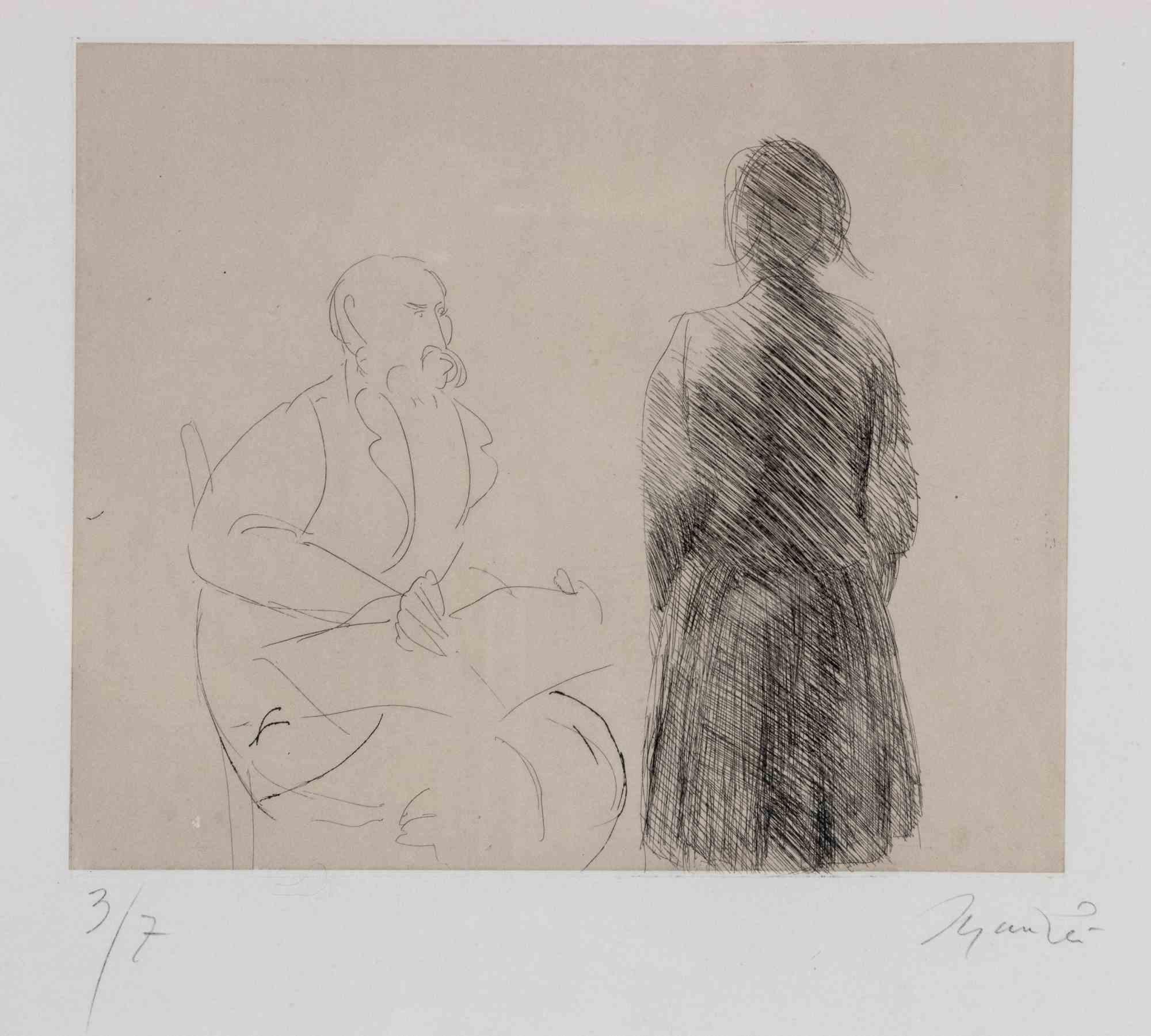 Giacomo Manzú Figurative Print – Radierung mit zwei Figuren, moderne Aquatinta, signiert, Auflage 3/7, 1970er Jahre
