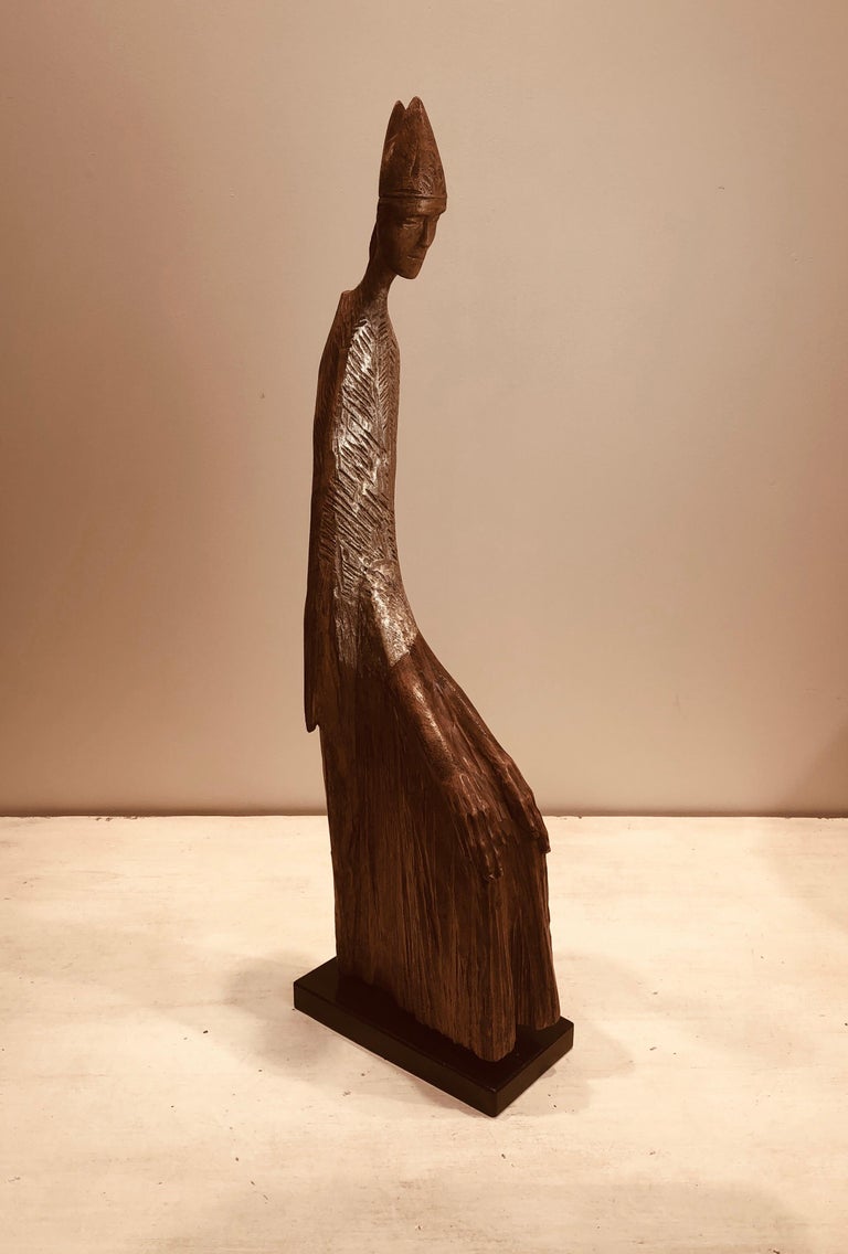 Manzu Tall MidCentury Italian Signed Wood Sculpture "Cardinal