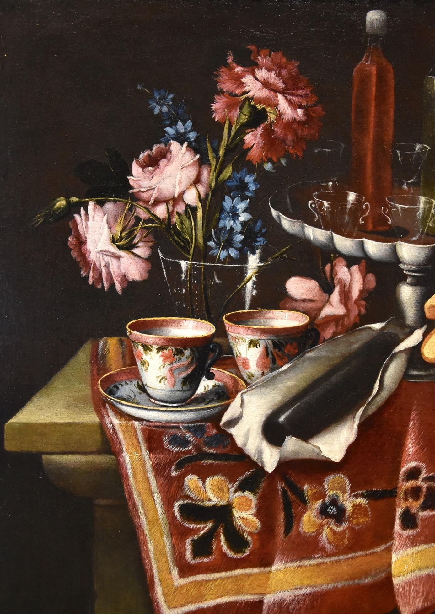Giacomo Nani (Porto Ercole 1698 - Naples 1770)
Still life with flowers, riser with crystals and liqueurs, icebox, china and basket with biscuits
(LINK)

Oil on canvas
cm. 64 x 73 - Framed cm. 83 x 93

Provenance (see images):
- Dorotheum (April 14,
