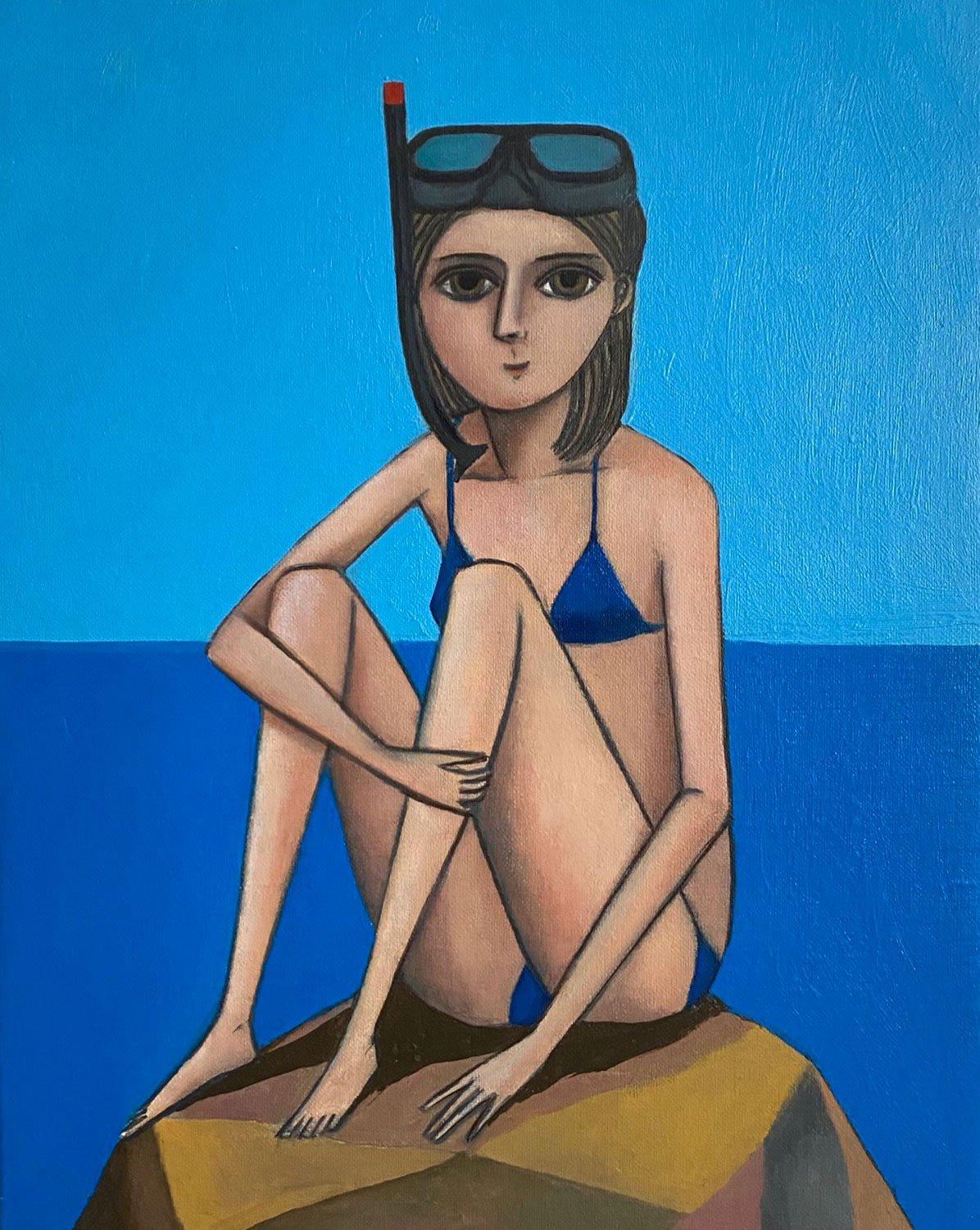 Figurative Painting de Giacomo Piussi - Chica sobre una roca con máscara , Florencia, Italia