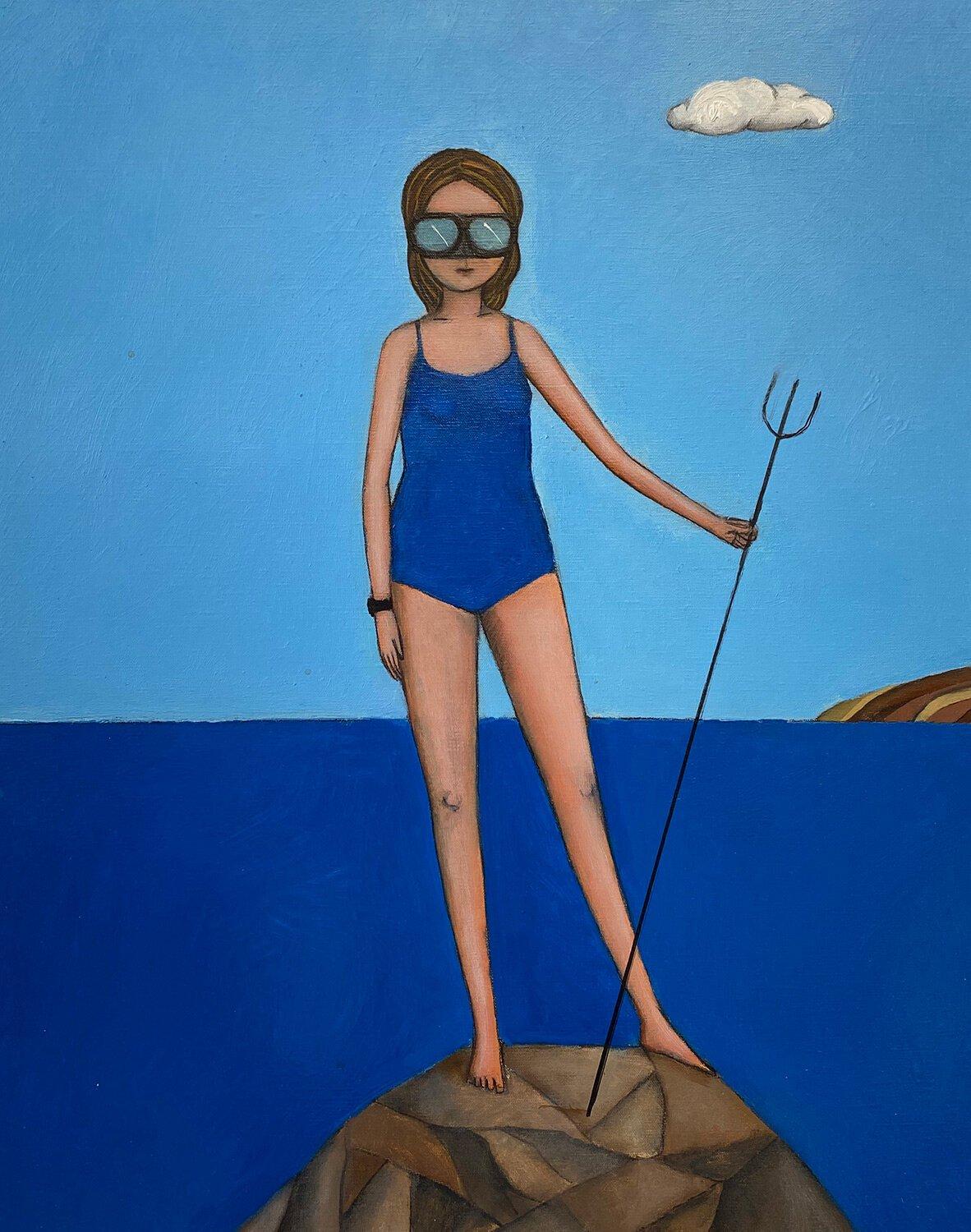 Figurative Painting di Giacomo Piussi - Ragazza con arpione, Firenze, Italia
