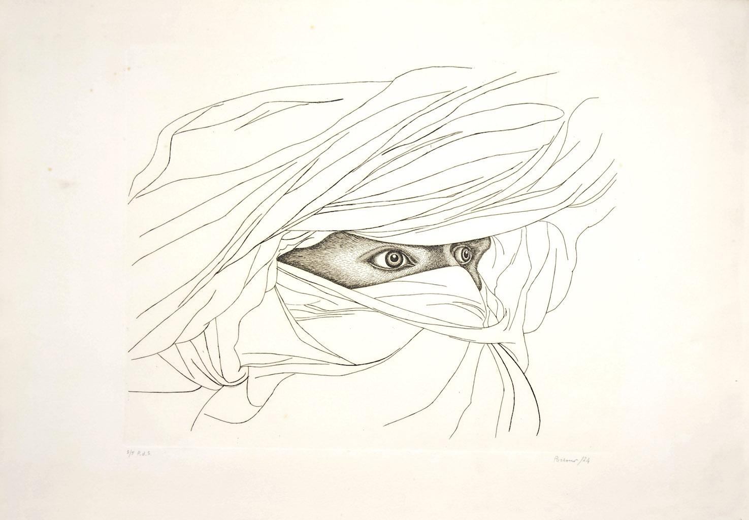 Arabian Portrait - Original Etching by Giacomo Porzano - 1974