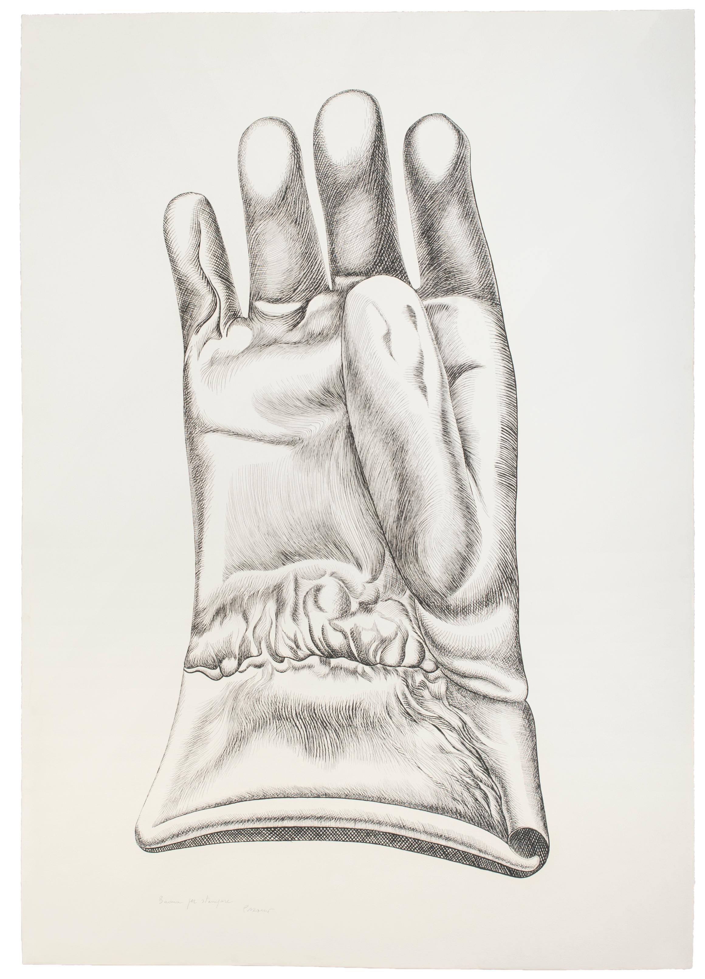 Black and White Glove - Guanto Bianco e Nero is a beautiful etching on paper, realized in 1972 by the Italian artist Giacomo Porzano (1925-2006).

This is a superb artist's proof, as the pencil inscriptions report on the lower margin: "Buona per la
