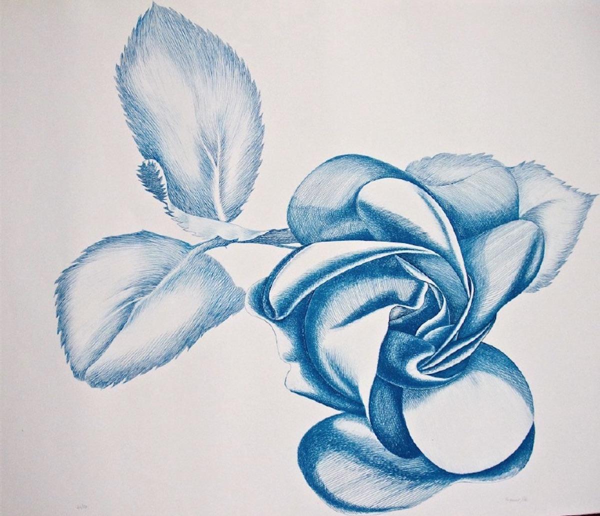 Blue Rose is a beautiful original black and white etching on paper, realized by the Italian artist Giacomo Porzano (1925-2006).

Hand-signed, dated and numbered in Arabic numerals by the artist in pencil on lower margin.

Edition of 50 prints