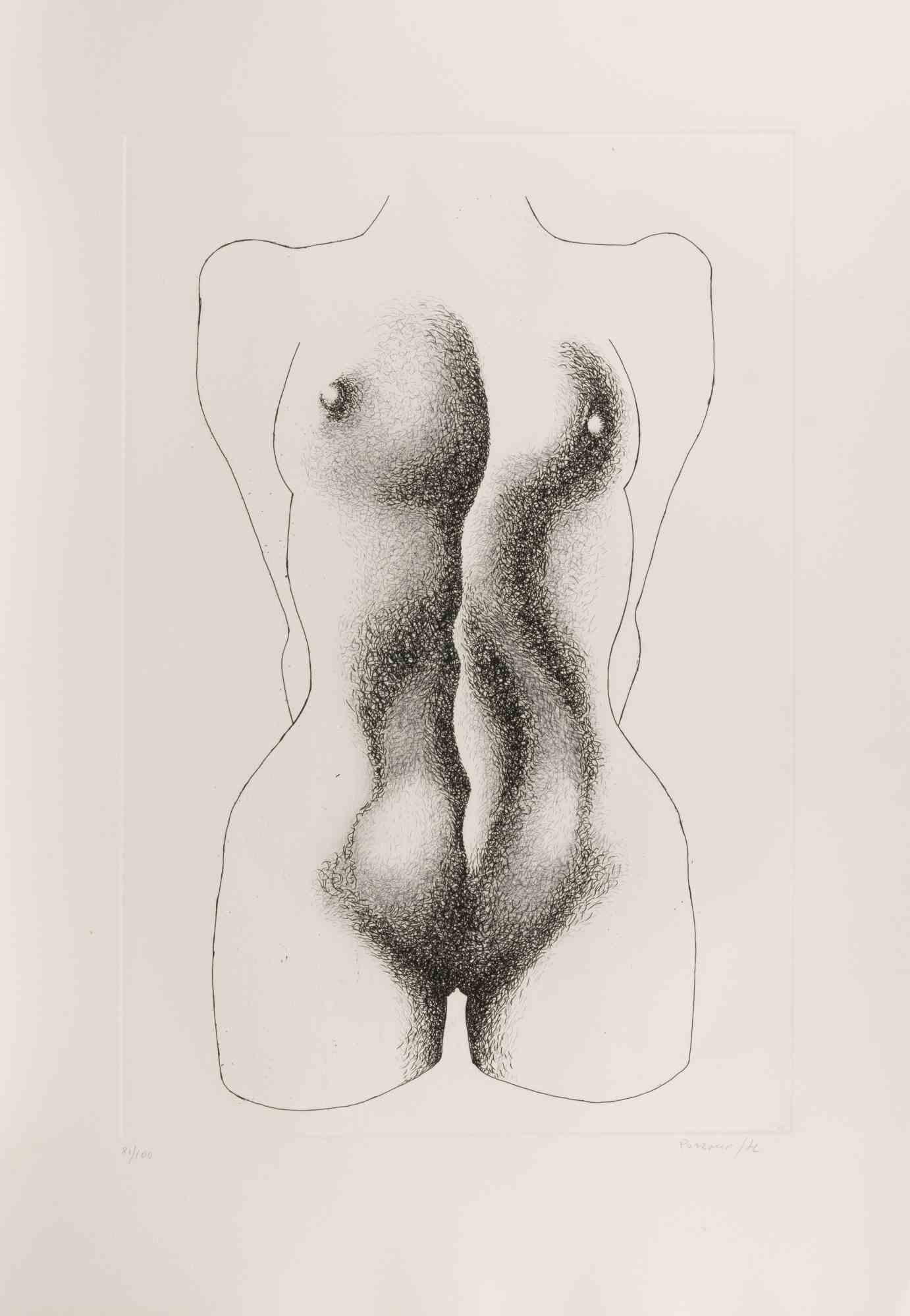 Gravure représentant un nu, de Giacomo Porzano, signée, tirée à 100 exemplaires, 1972